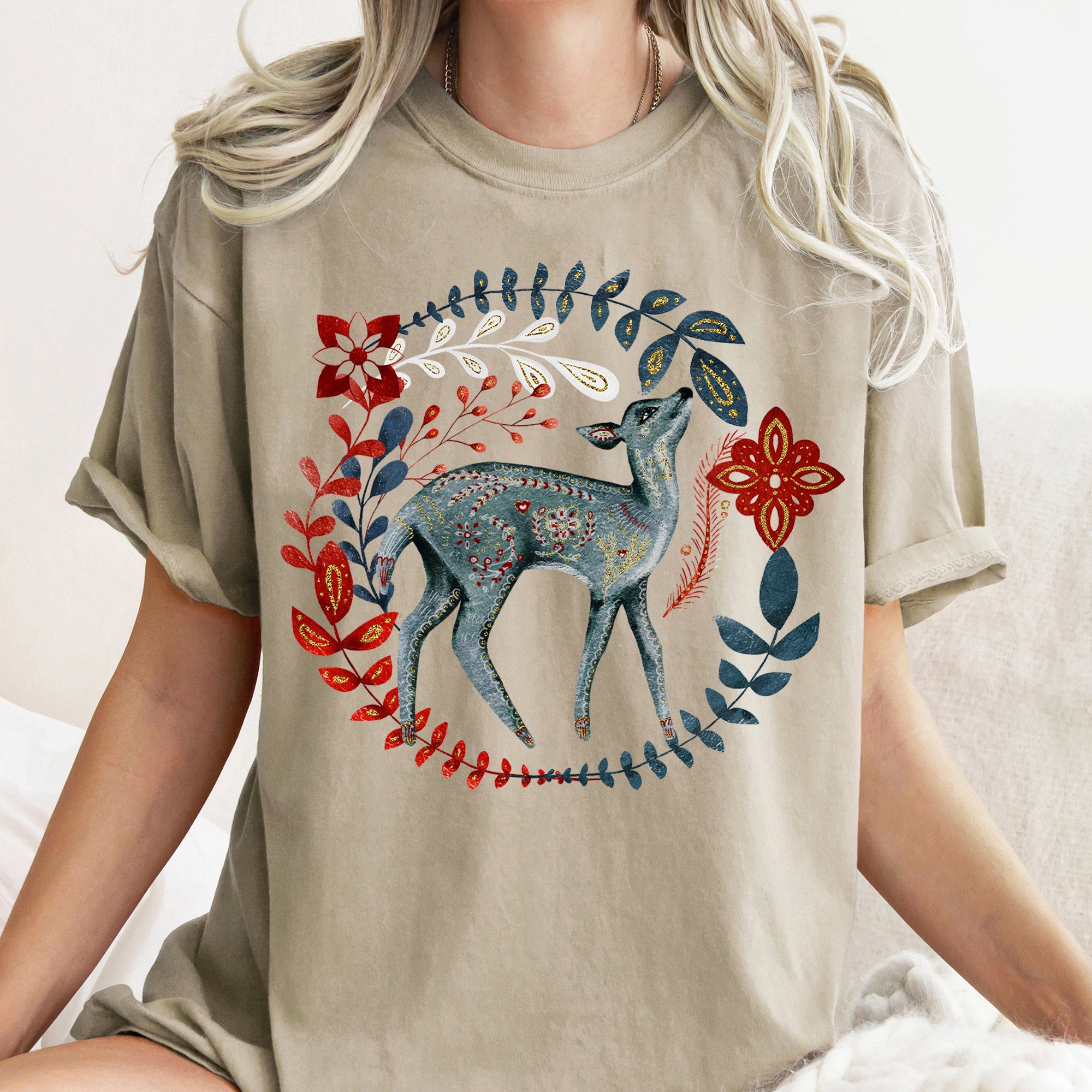 Deer Folk Art Scandinavian Winter Christmas Holiday Cozy Rustic Comfort Colors Tee