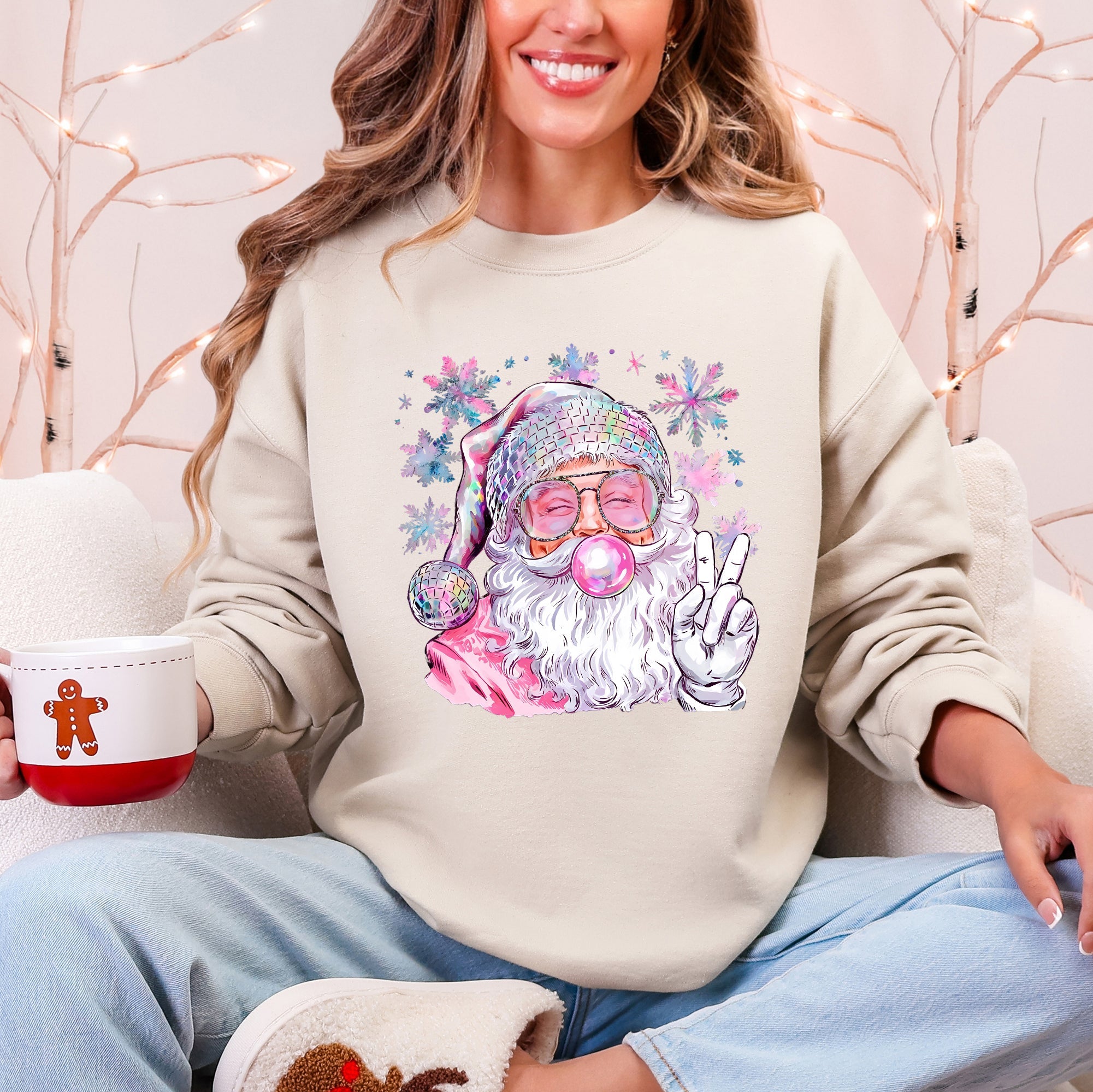 Disco Santa Bubble Gum Christmas Snowflakes Festive Candy Sparkle Graphic Sweatshirt