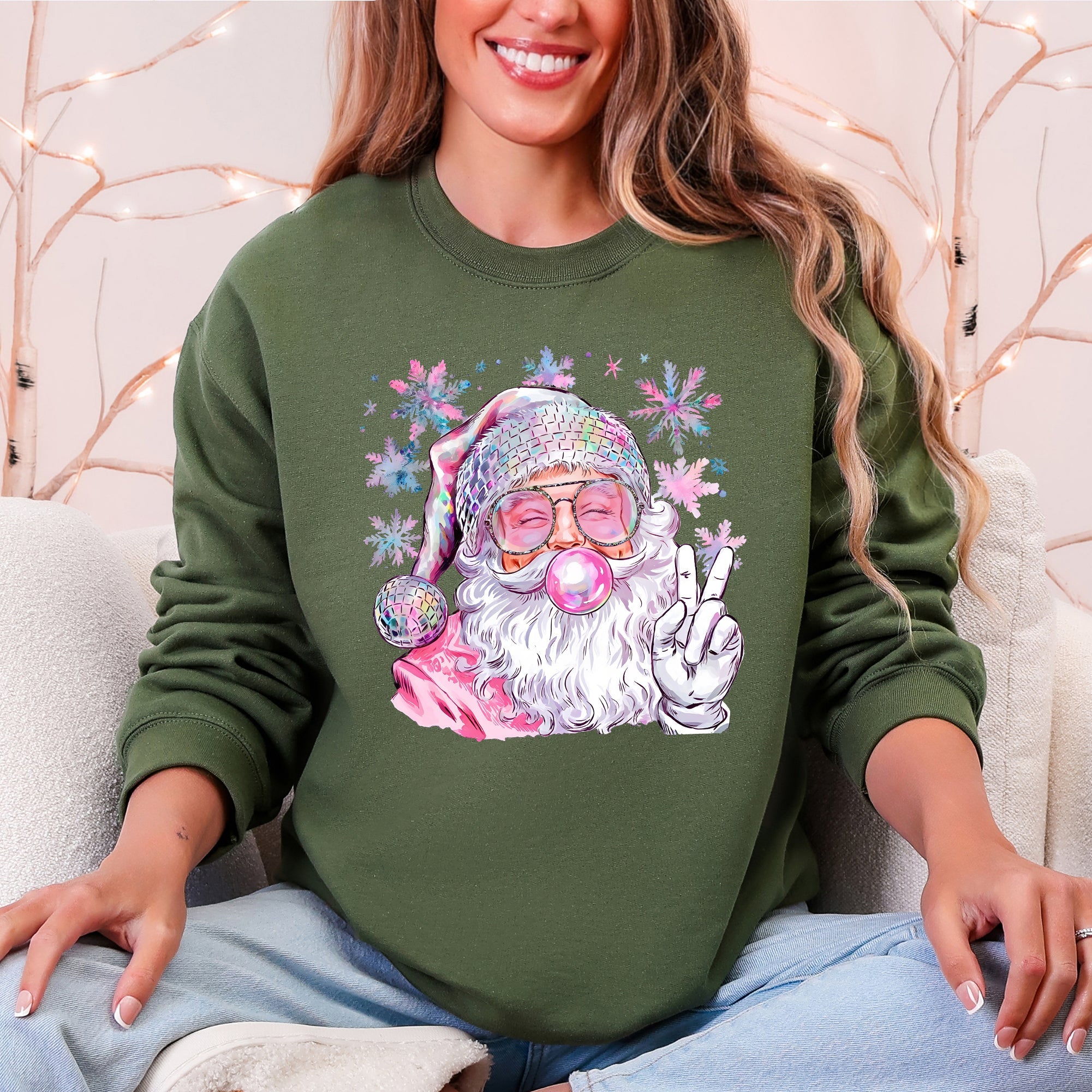Disco Santa Bubble Gum Christmas Snowflakes Festive Candy Sparkle Graphic Sweatshirt