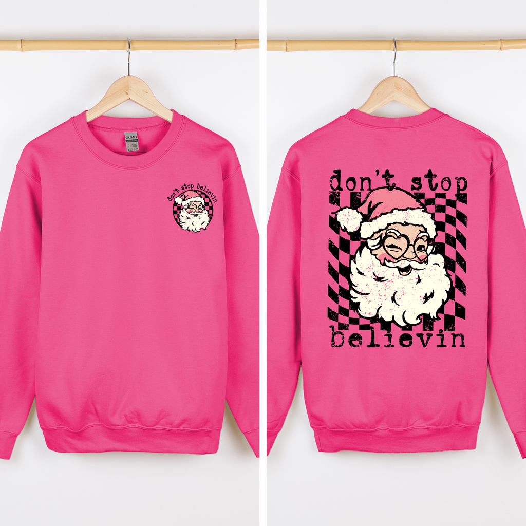 Don't Stop Believin Santa Christmas Checkered Vintage Front And Back Print Sweatshirt