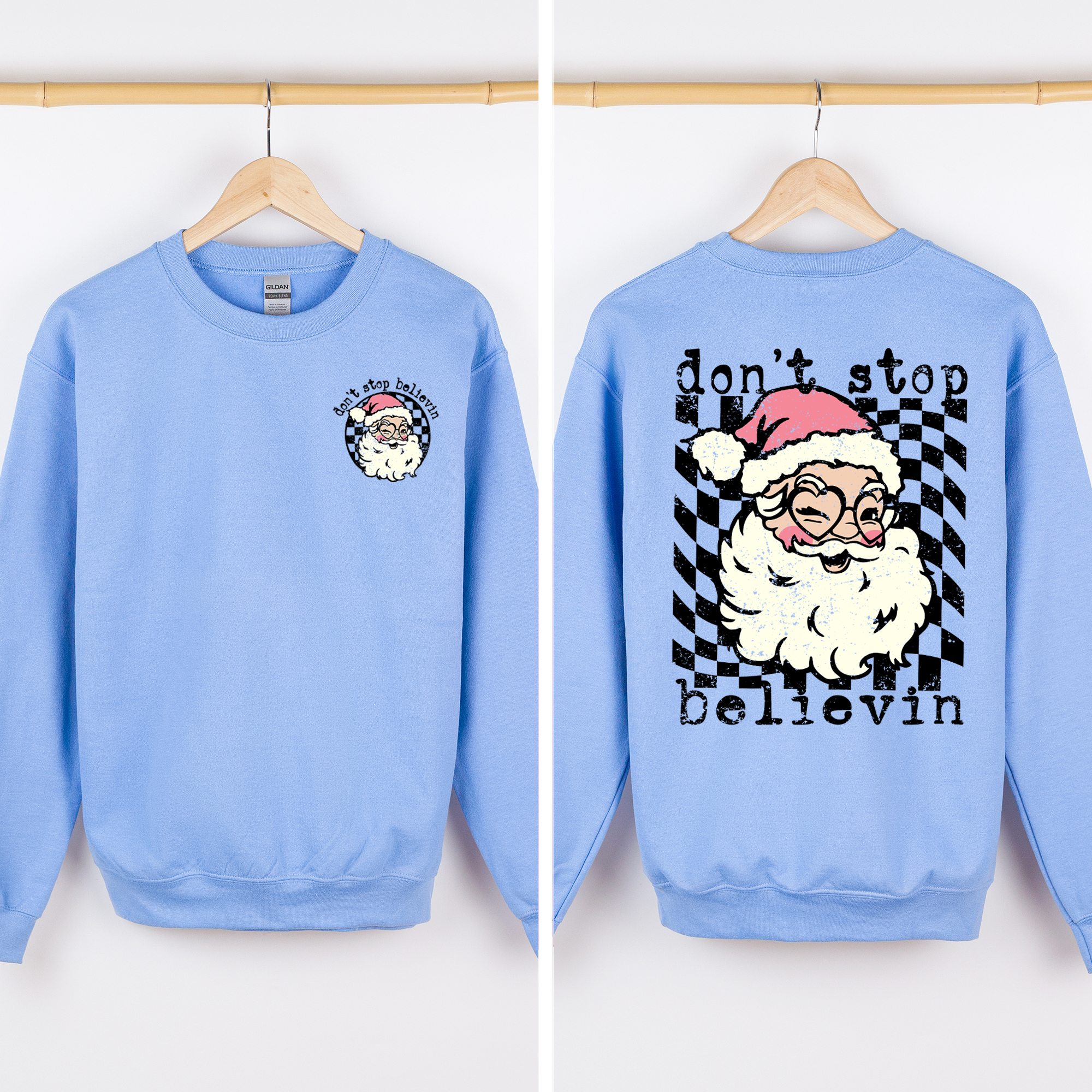 Don't Stop Believin Santa Christmas Checkered Vintage Front And Back Print Sweatshirt