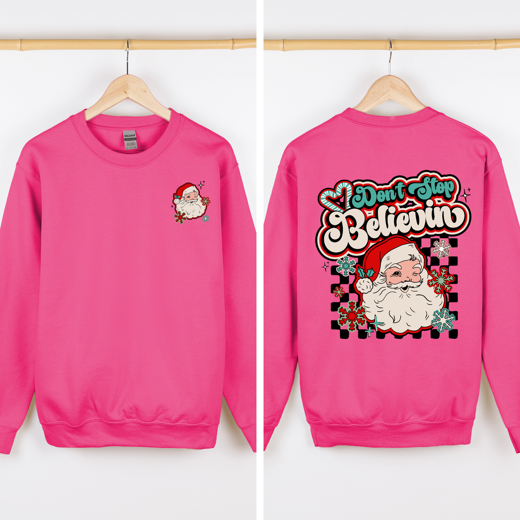 Don't Stop Believin' Santa Christmas Checkered Vintage Inspired Retro Sweatshirt