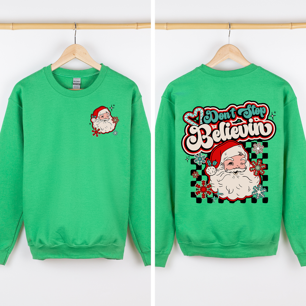 Don't Stop Believin' Santa Christmas Checkered Vintage Inspired Retro Sweatshirt