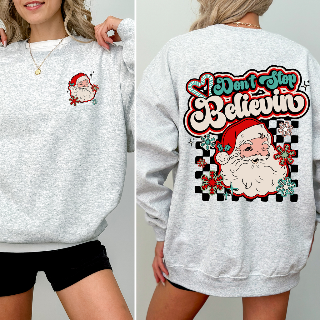 Don't Stop Believin' Santa Christmas Checkered Vintage Inspired Retro Sweatshirt