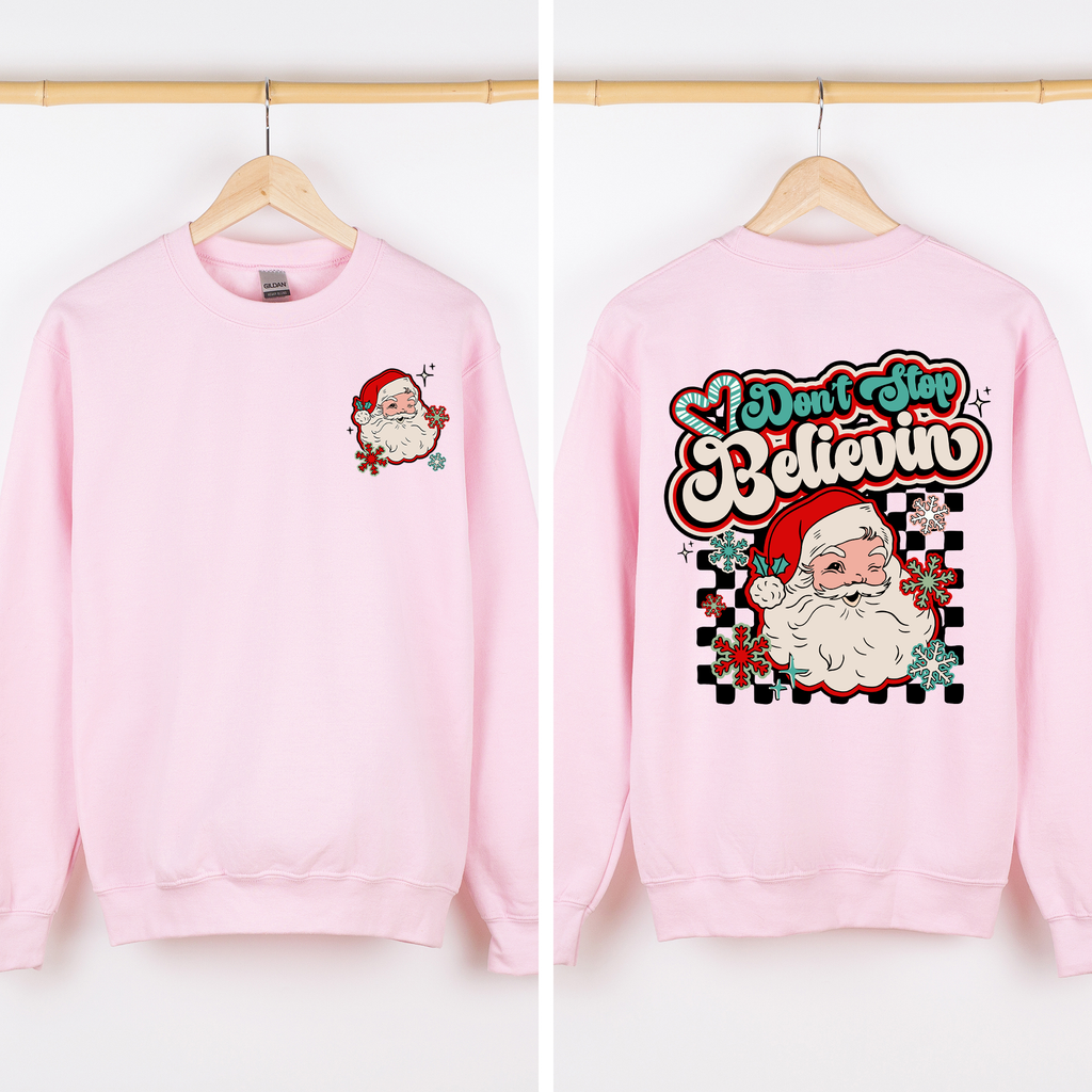 Don't Stop Believin' Santa Christmas Checkered Vintage Inspired Retro Sweatshirt