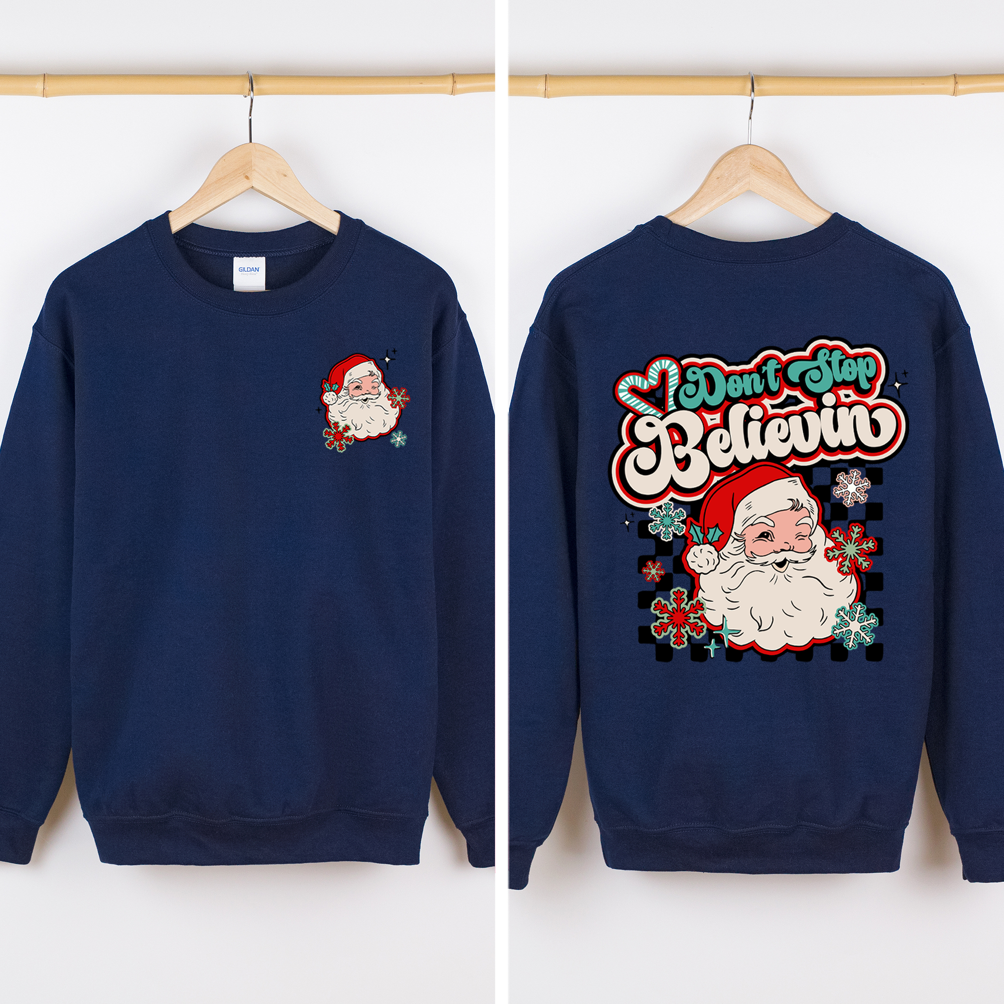 Don't Stop Believin' Santa Christmas Checkered Vintage Inspired Retro Sweatshirt