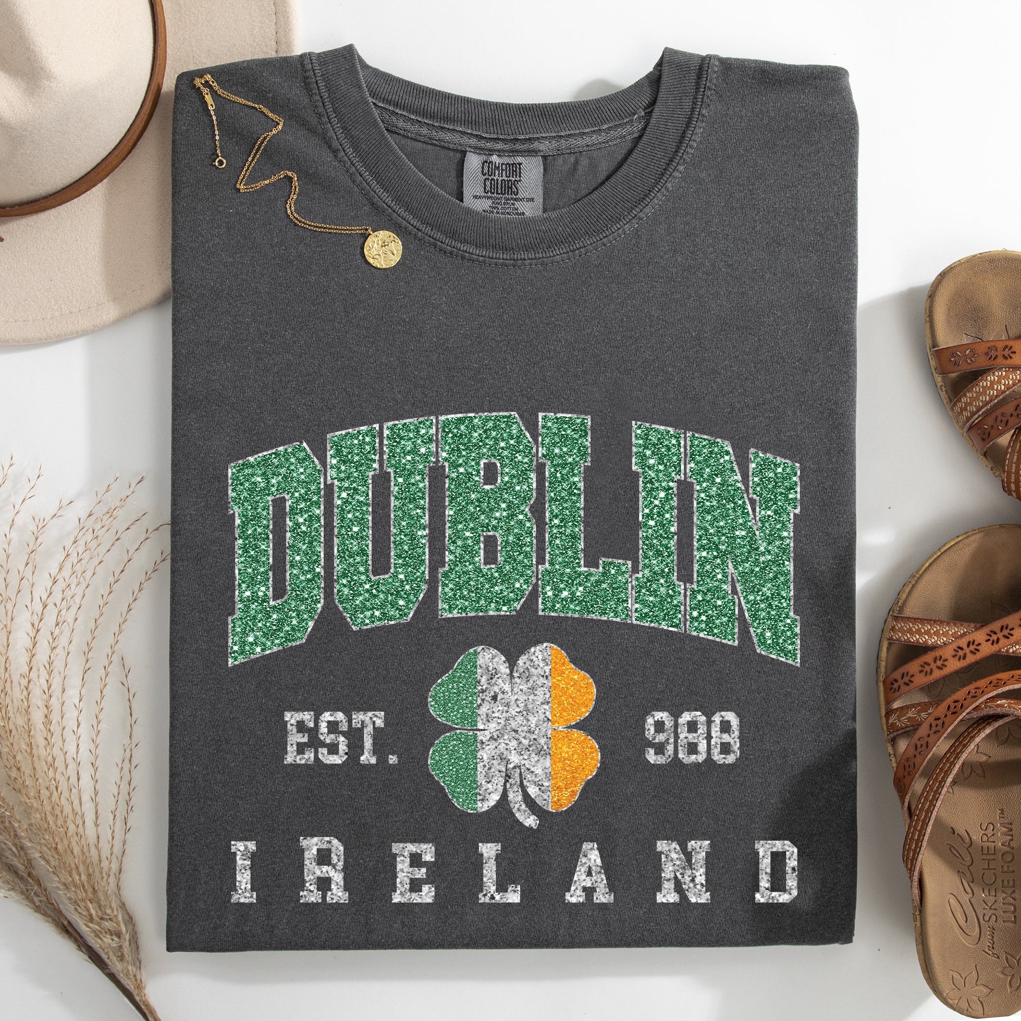 Dublin Faux Glitter St Patrick's Day Shamrock Clover Leprechaun Comfort Colors Tee
