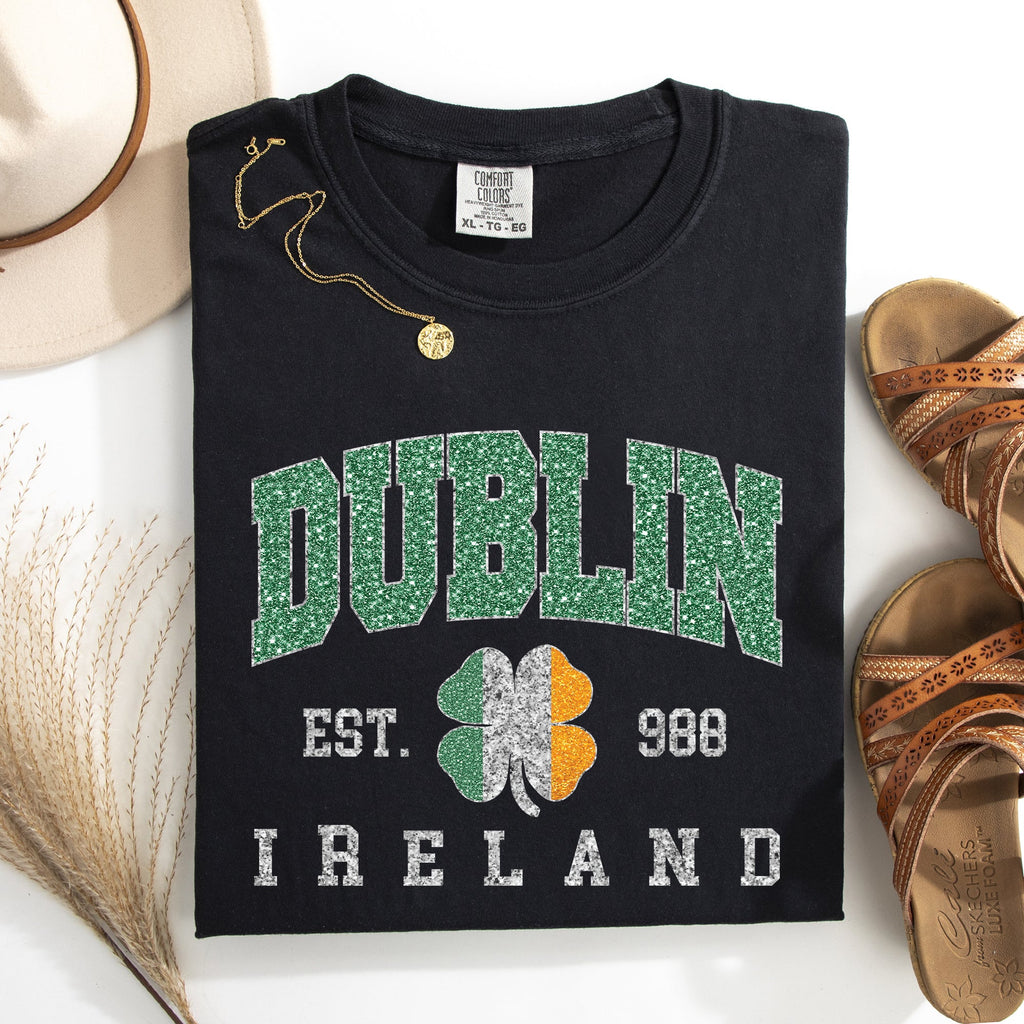 Dublin Faux Glitter St Patrick's Day Shamrock Clover Leprechaun Comfort Colors Tee