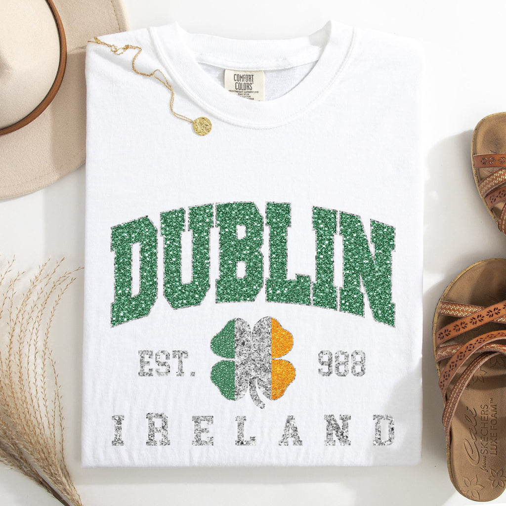 Dublin Faux Glitter St Patrick's Day Shamrock Clover Leprechaun Comfort Colors Tee