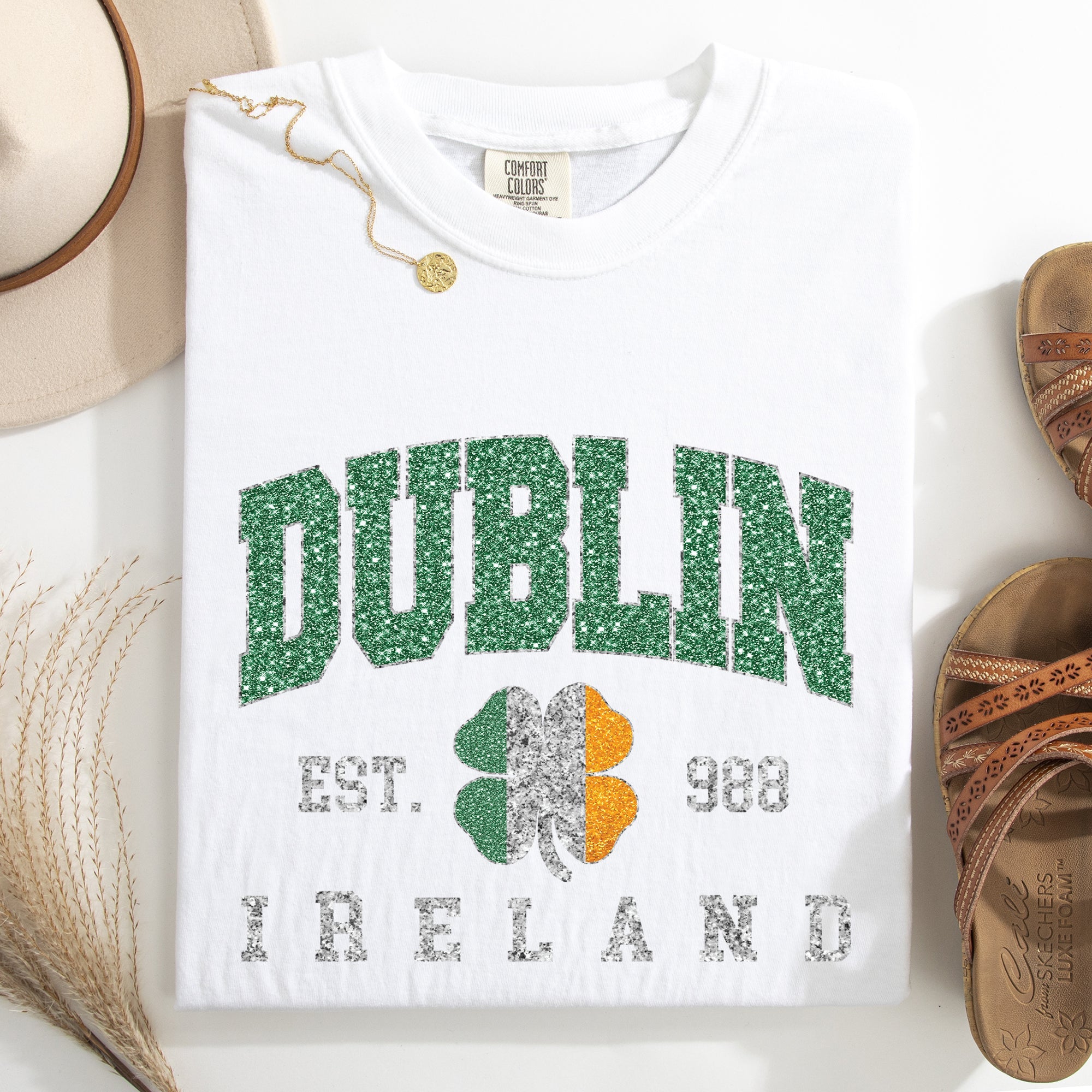 Dublin Faux Glitter St Patrick's Day Shamrock Clover Leprechaun Comfort Colors Tee