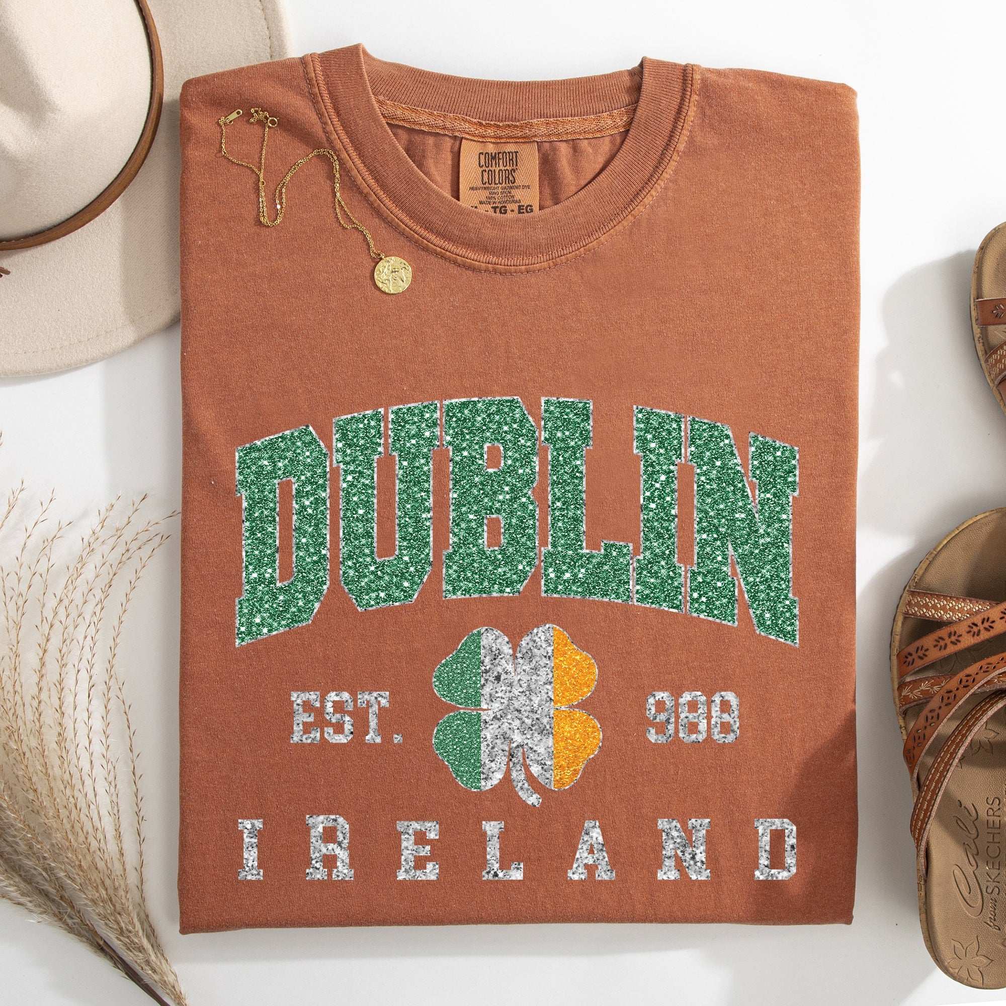 Dublin Faux Glitter St Patrick's Day Shamrock Clover Leprechaun Comfort Colors Tee