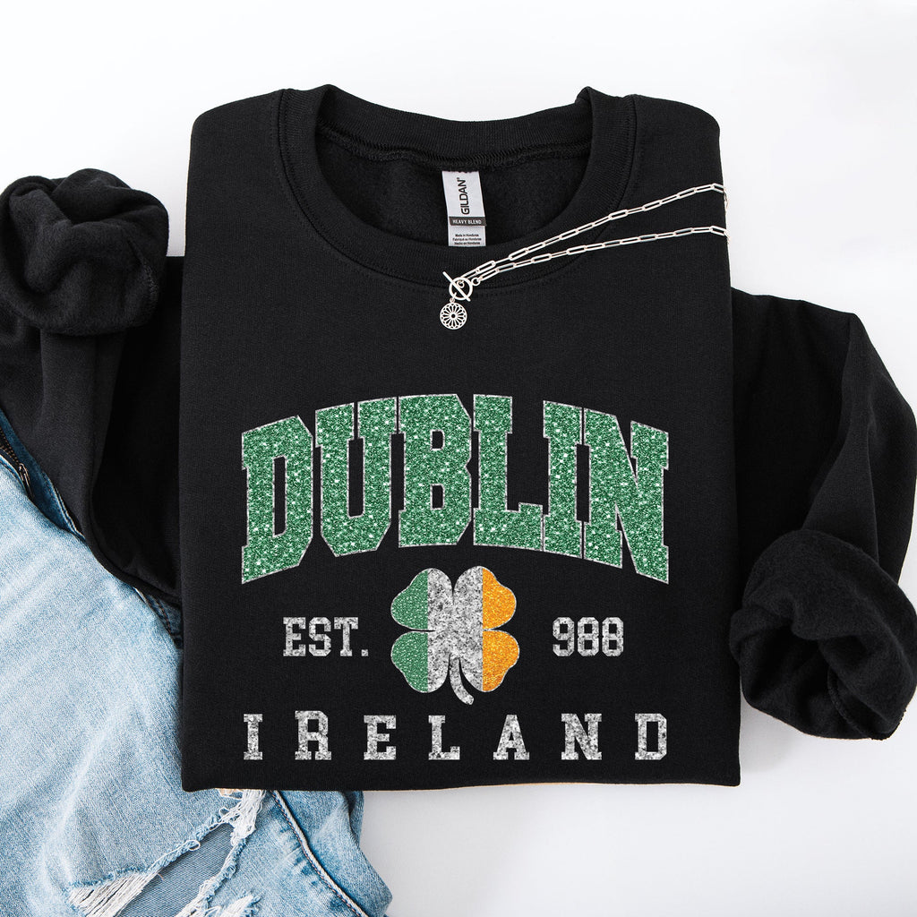 Dublin Leprechaun Faux Glitter St Patrick's Day Shamrock Clover Graphic Sweatshirt