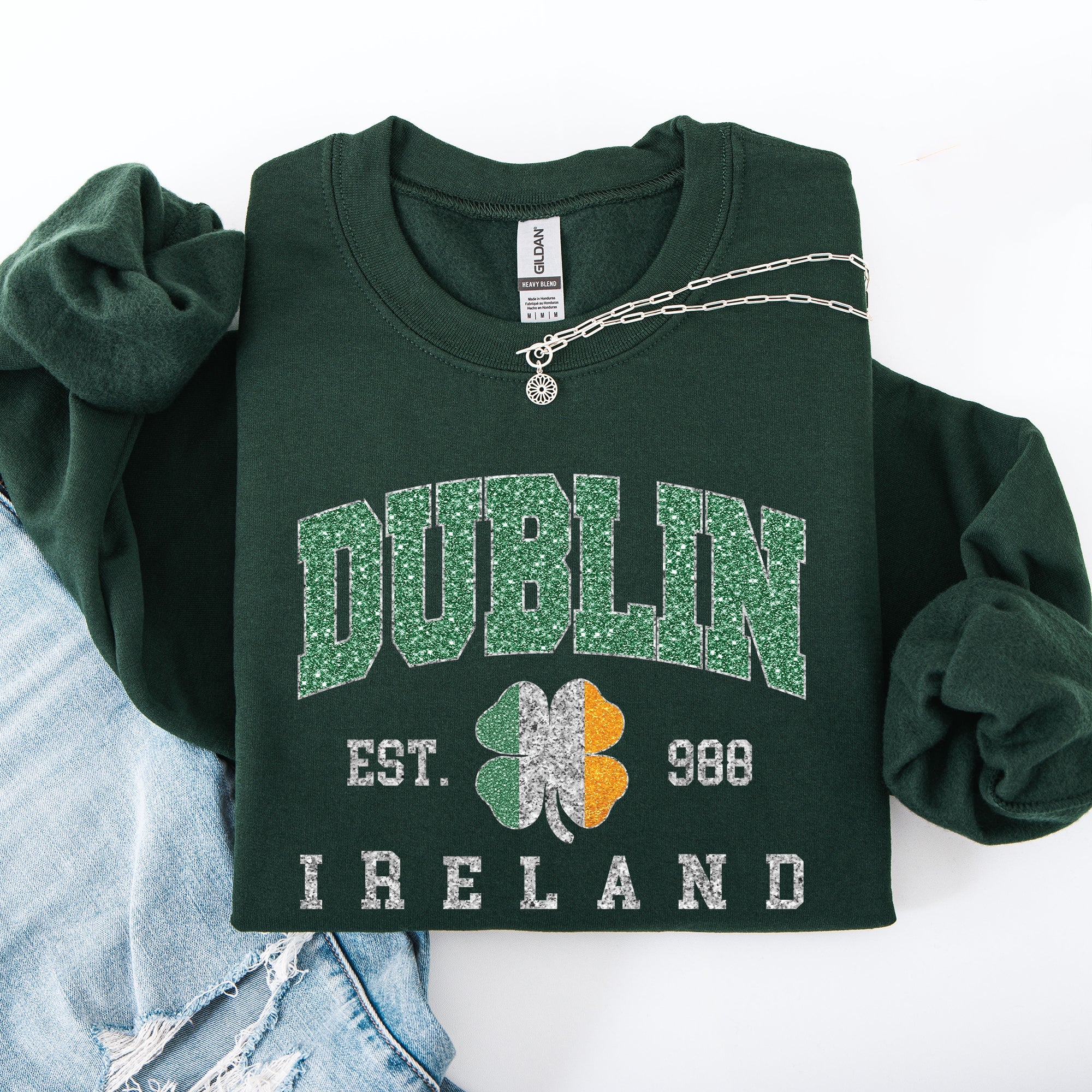 Dublin Leprechaun Faux Glitter St Patrick's Day Shamrock Clover Graphic Sweatshirt