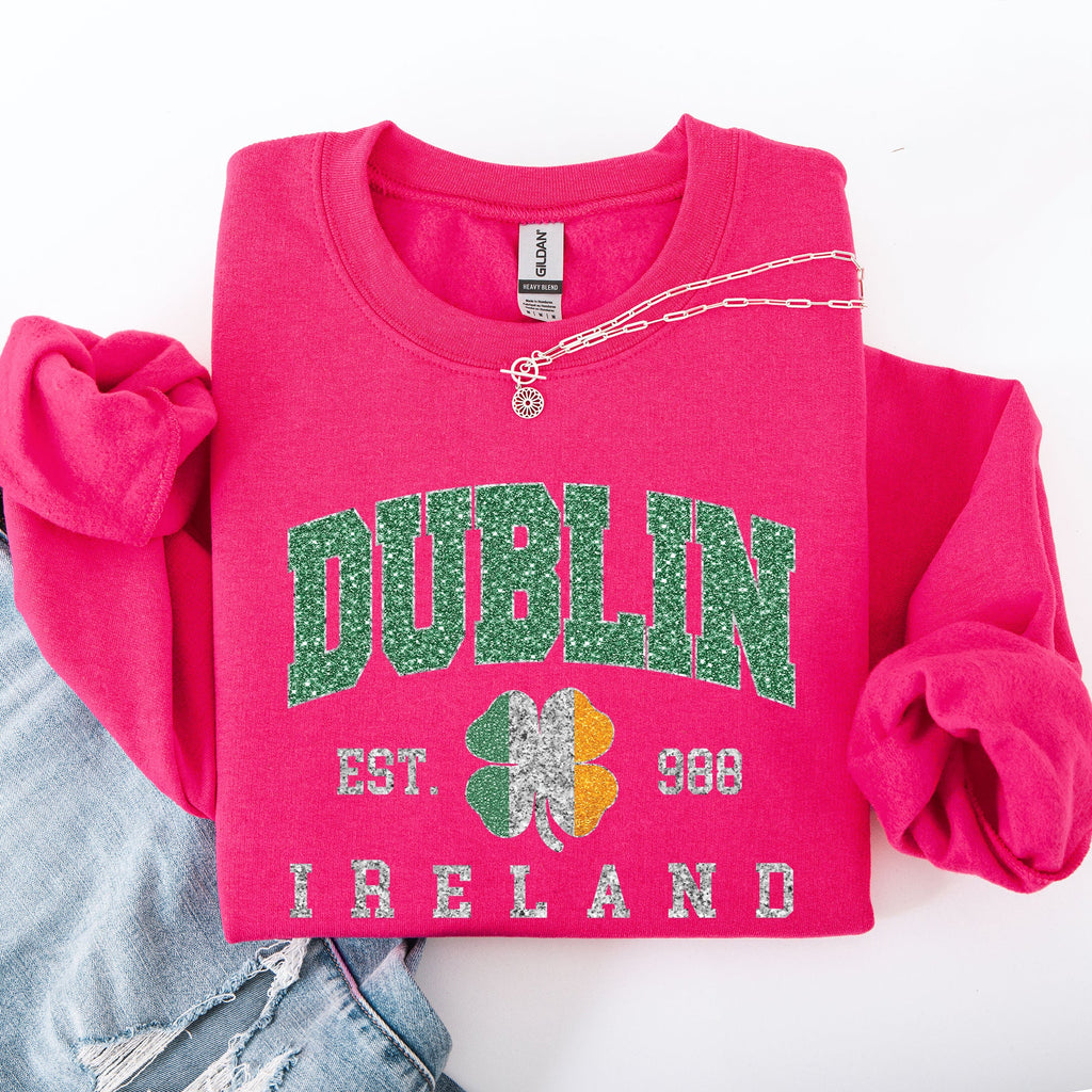 Dublin Leprechaun Faux Glitter St Patrick's Day Shamrock Clover Graphic Sweatshirt