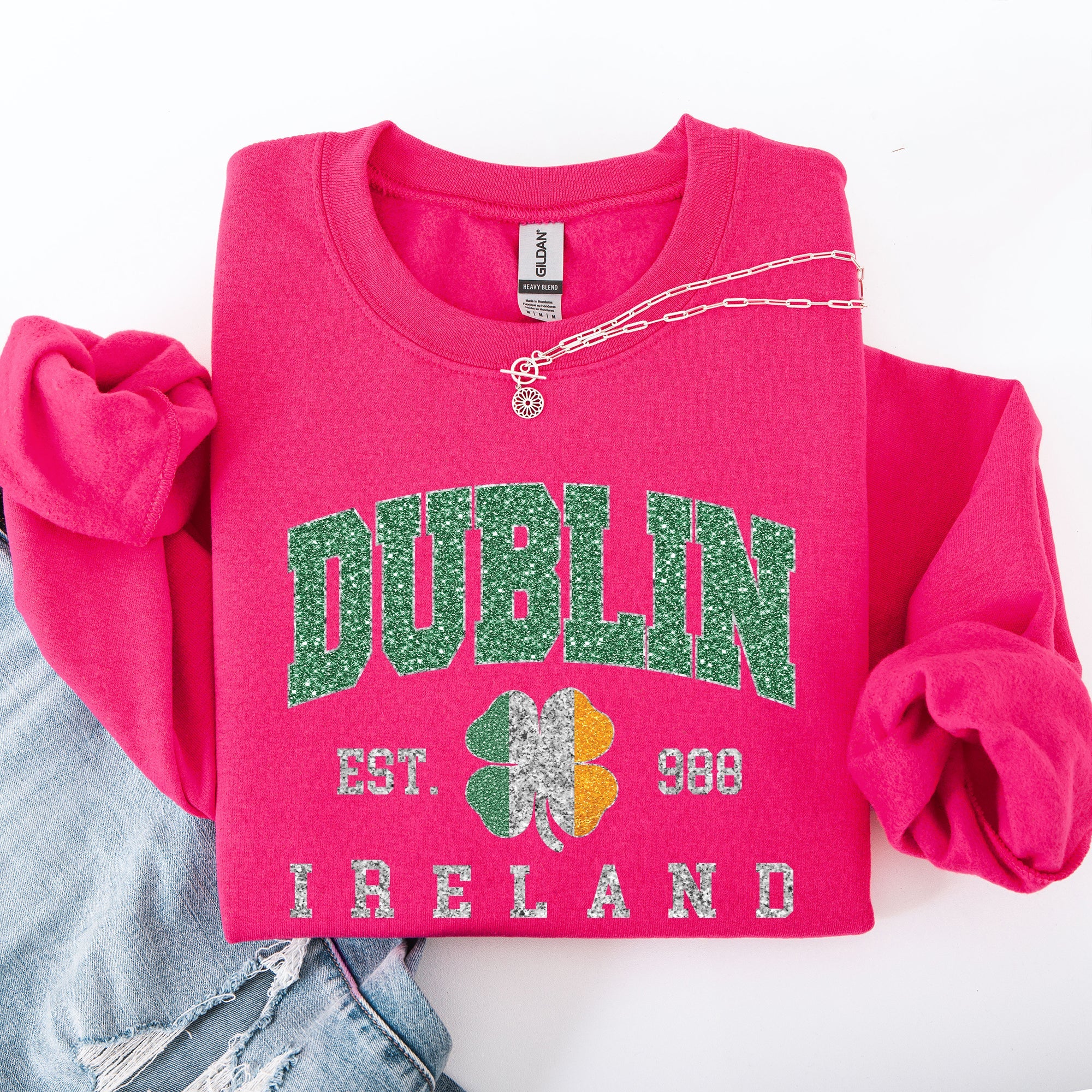 Dublin Leprechaun Faux Glitter St Patrick's Day Shamrock Clover Graphic Sweatshirt