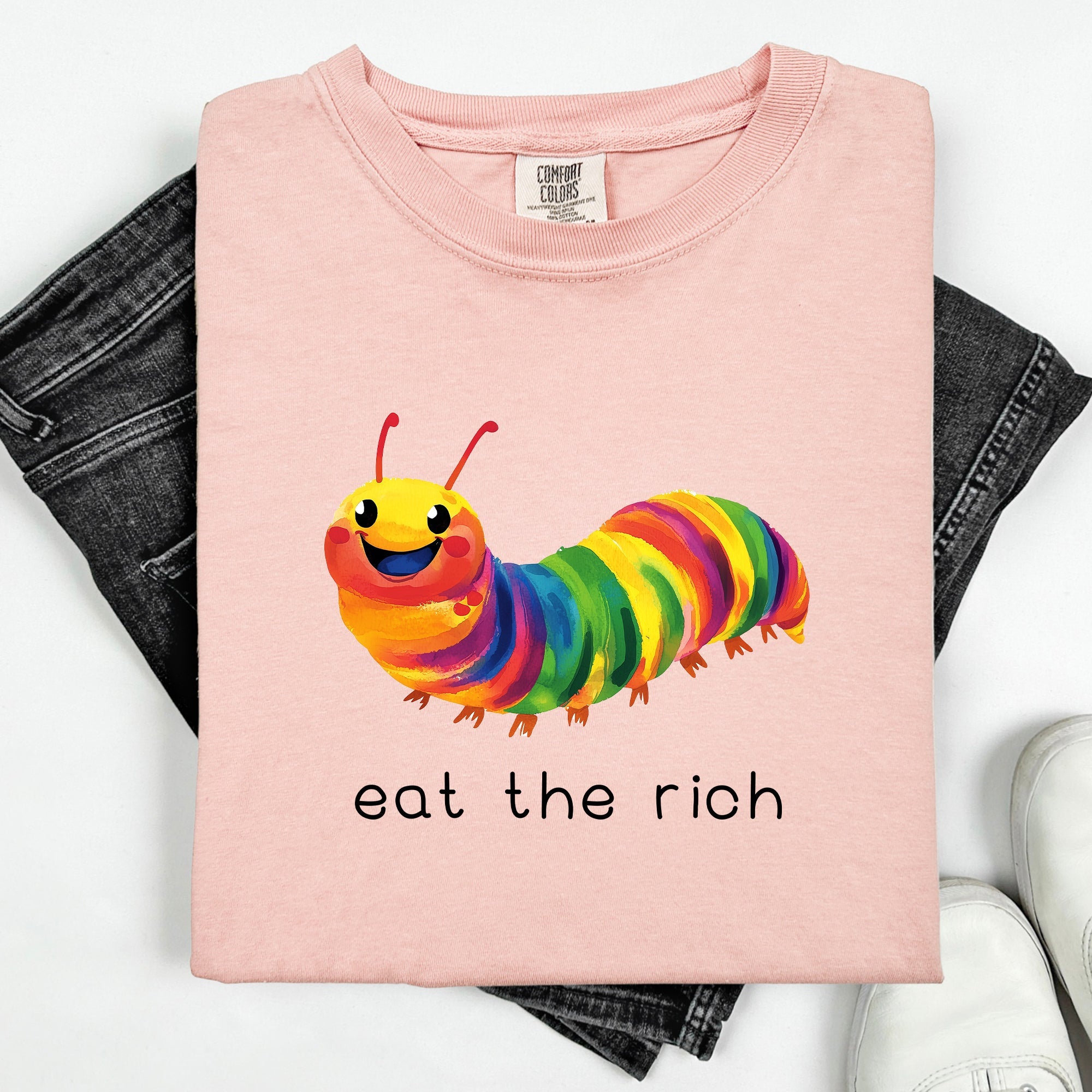Eat The Rich Hungry Caterpillar Colorful Bold Satire Graphic Style Print Modern Streetwear Statement Comfort Colors Tee