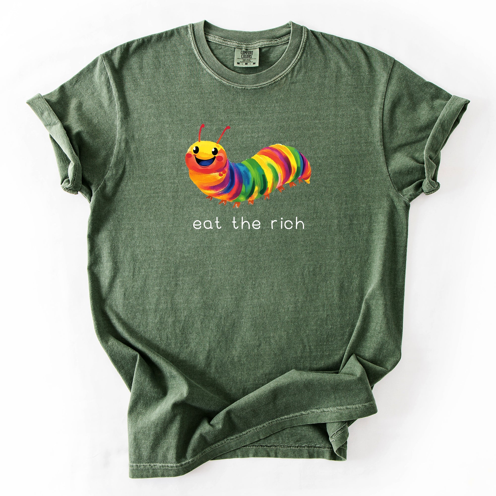 Eat The Rich Hungry Caterpillar Colorful Bold Satire Graphic Style Print Modern Streetwear Statement Comfort Colors Tee