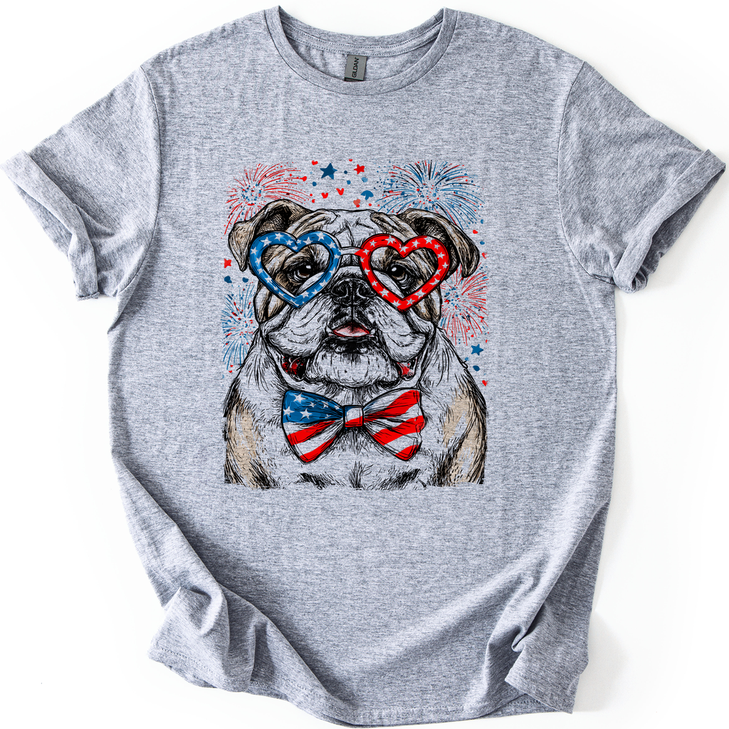 English Bulldog Patriotic Dog With American Flag Emblems For Fourth Of July Celebration Graphic Tee