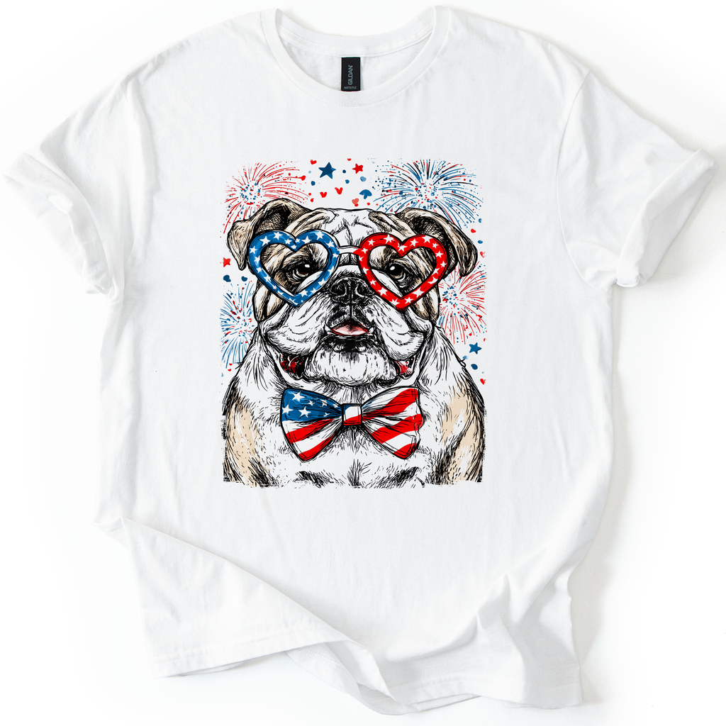 English Bulldog Patriotic Dog With American Flag Emblems For Fourth Of July Celebration Graphic Tee