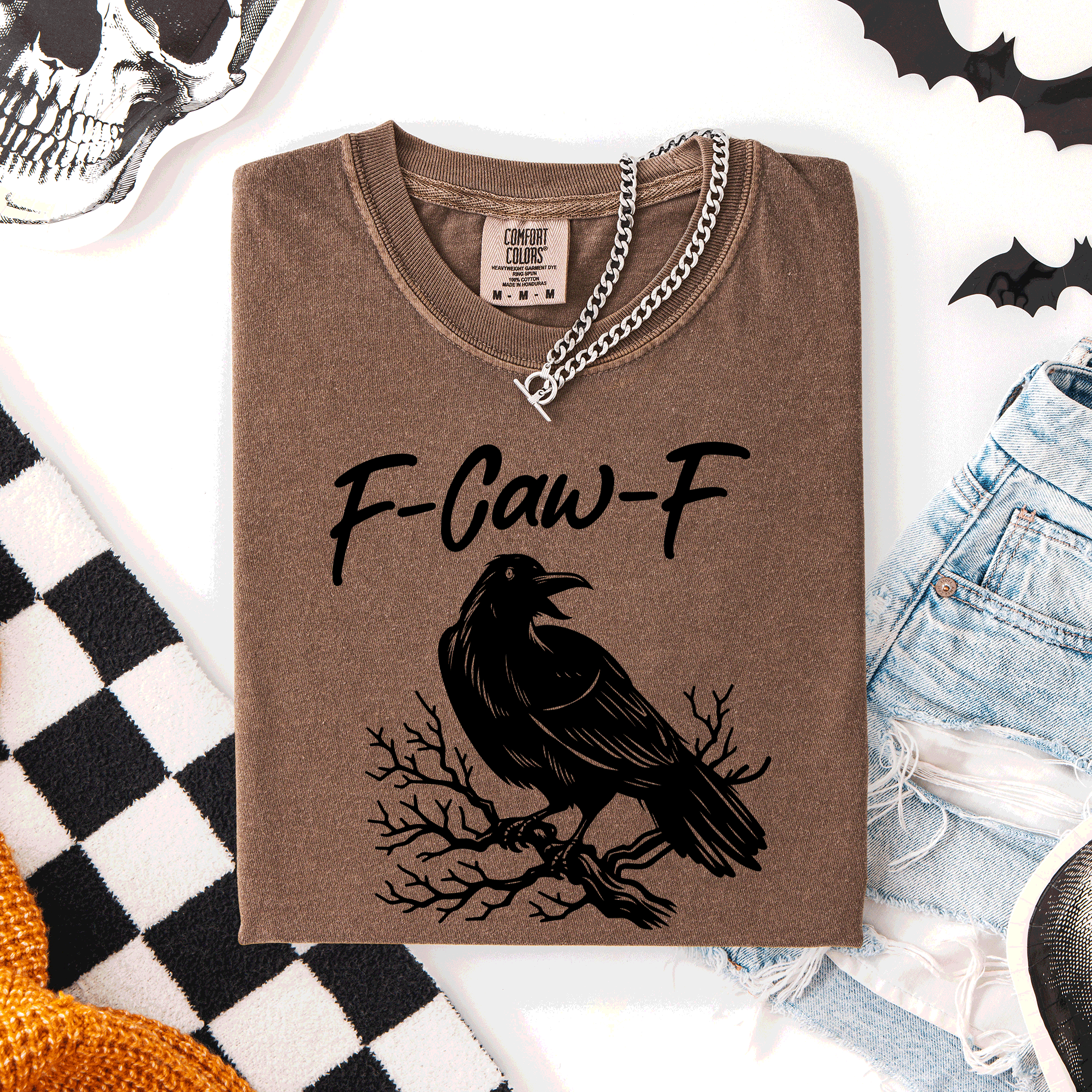 F Caw F Raven Crow Halloween Gothic Witch Spooky Nightfall Velvet Shadows Comfort Colors Tee