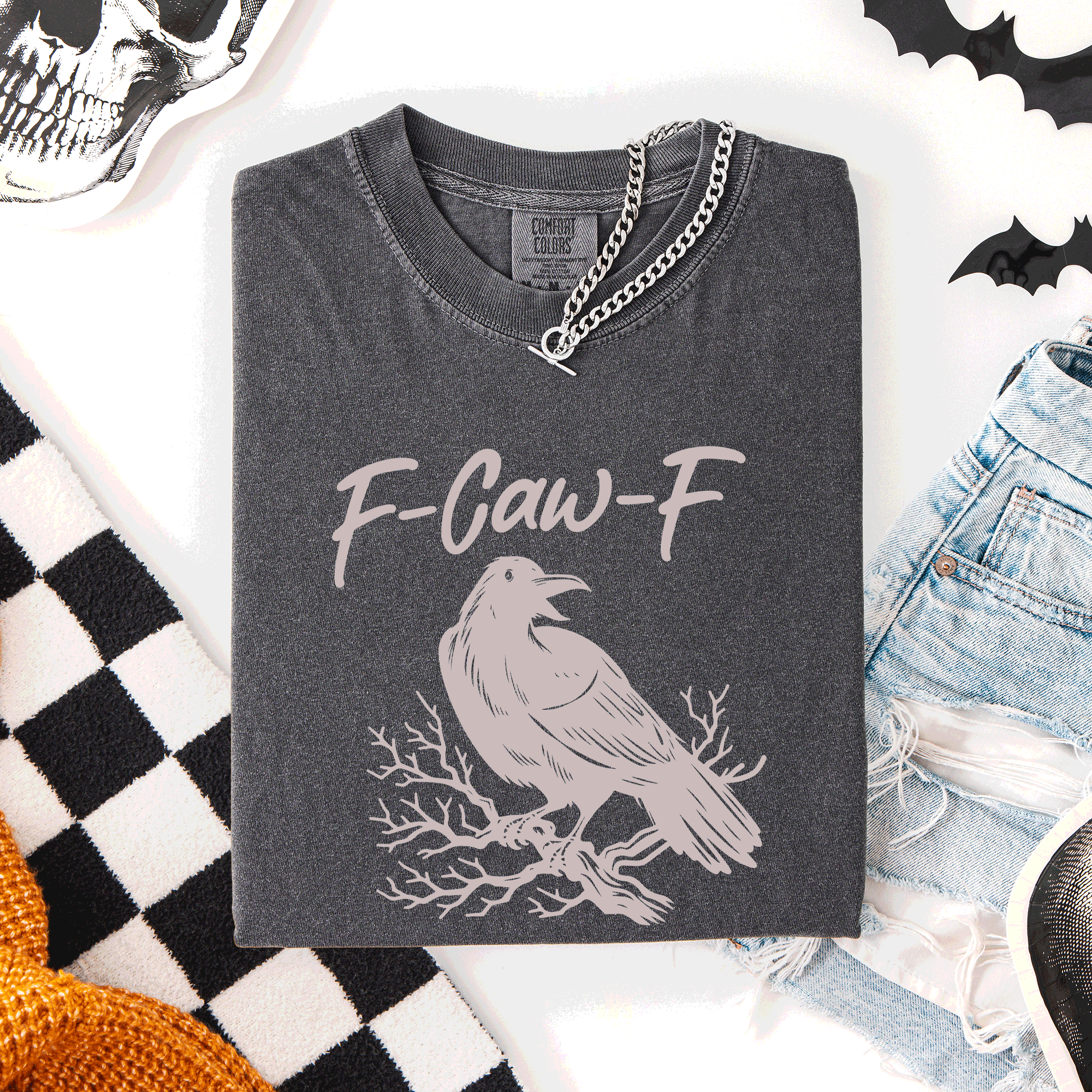 F Caw F Raven Crow Halloween Gothic Witch Spooky Nightfall Velvet Shadows Comfort Colors Tee