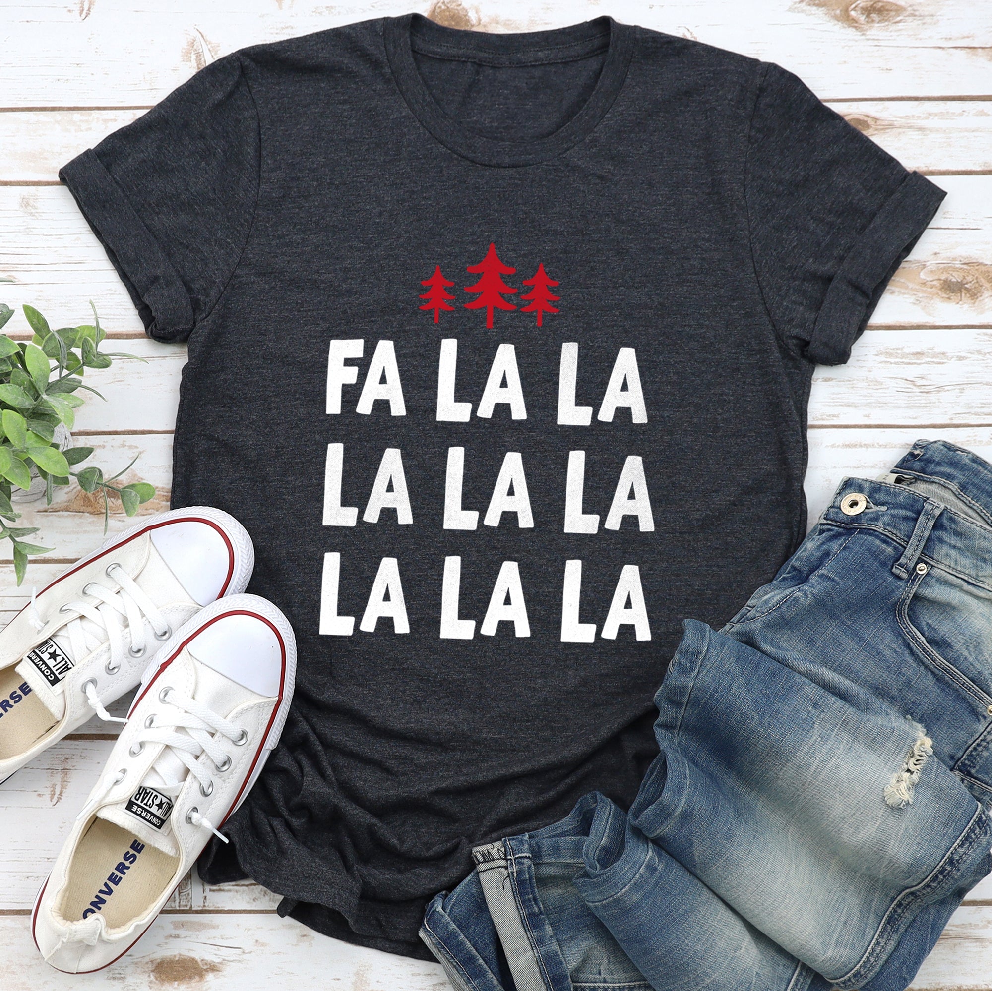 Fa La La Retro Christmas Trees Vintage Holiday Scene With Nordic Pines And Snowflake Motifs Graphic Tee