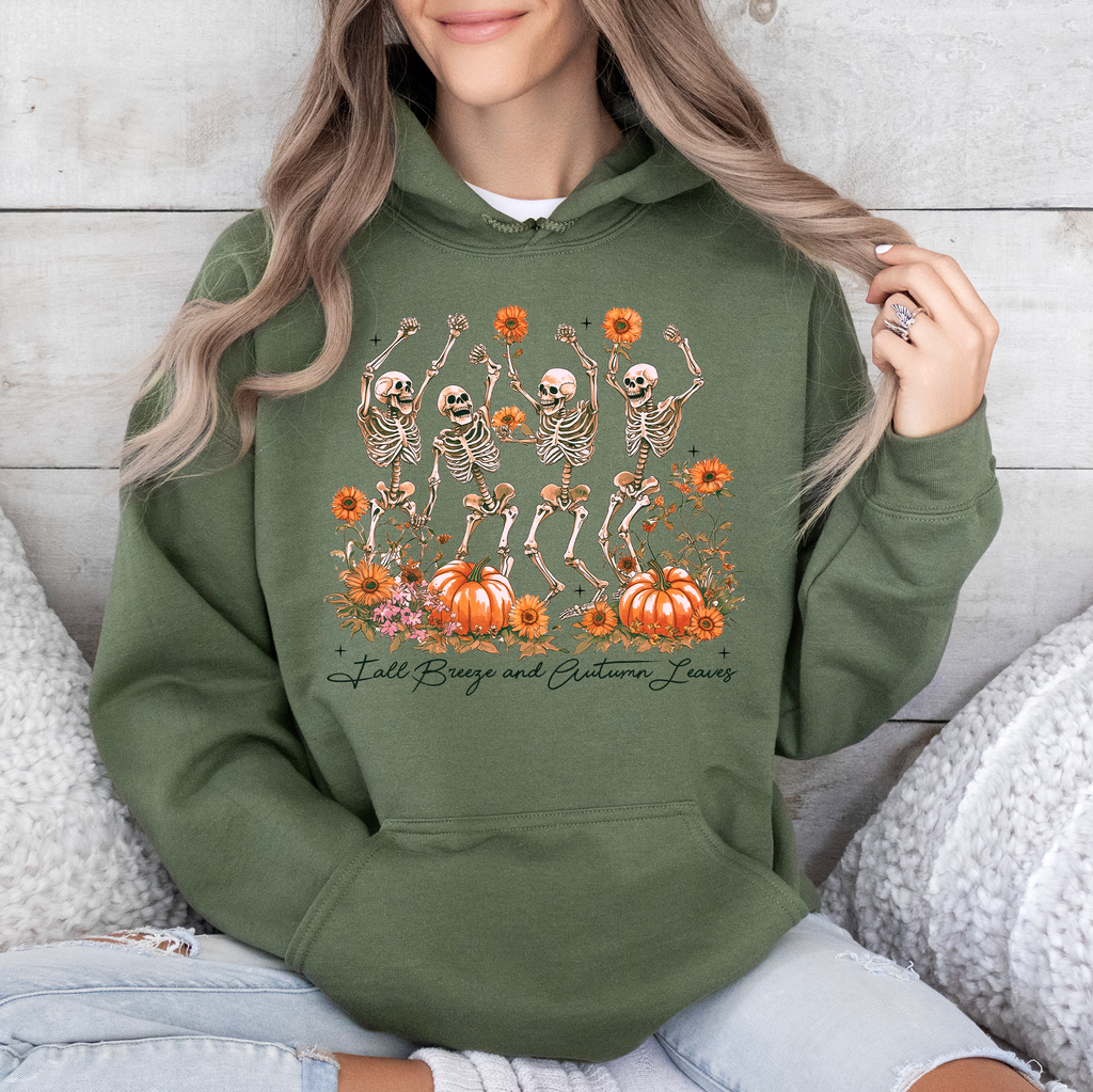 Fall Breeze And Autumn Leaves Skeletons Pumpkin Spice Autumn Skeleton Dancing Skeletons Graphic Hoodie