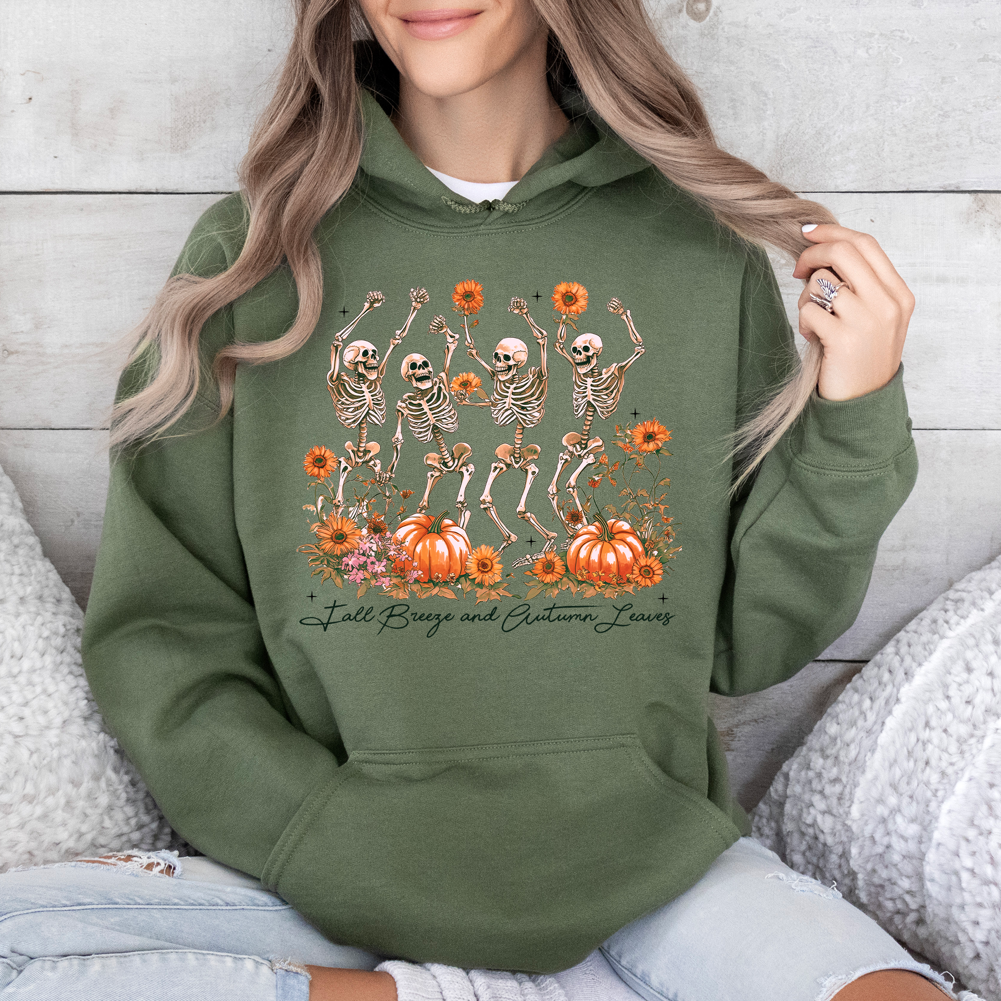 Fall Breeze And Autumn Leaves Skeletons Pumpkin Spice Autumn Skeleton Dancing Skeletons Graphic Hoodie