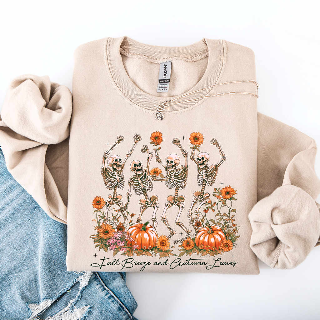 Fall Breeze and Autumn Leaves Skeletons Dancing Pumpkin Spice Halloween Sweatshirt