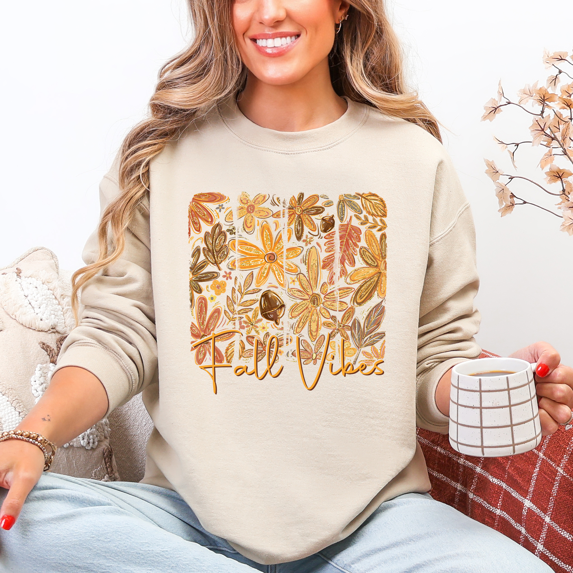Fall Vibes Colorful Autumn Flowers Seasonal Cozy Minimalist Design Graphic Sweatshirt