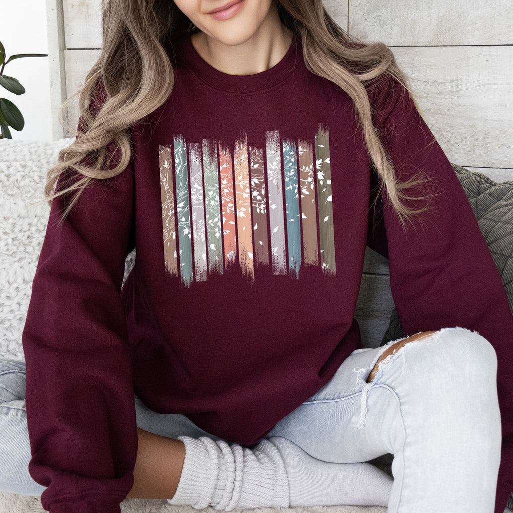 Falling Leaves, Botanical Stripes Autumn Nature-Inspired Print Cozy Fleece Sweatshirt