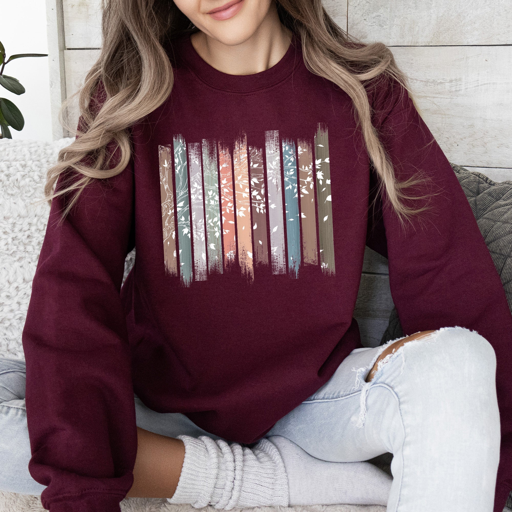Falling Leaves, Botanical Stripes Autumn Nature-Inspired Print Cozy Fleece Sweatshirt
