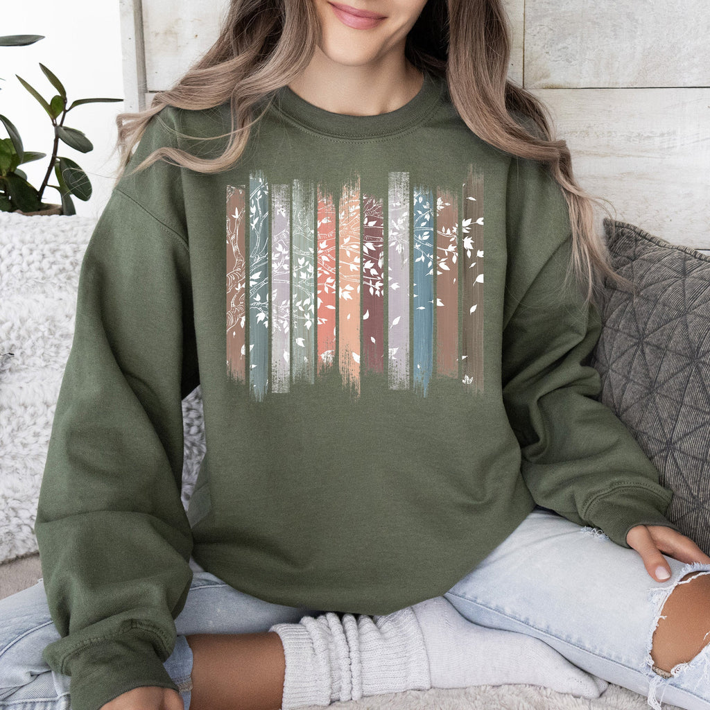Falling Leaves, Botanical Stripes Autumn Nature-Inspired Print Cozy Fleece Sweatshirt