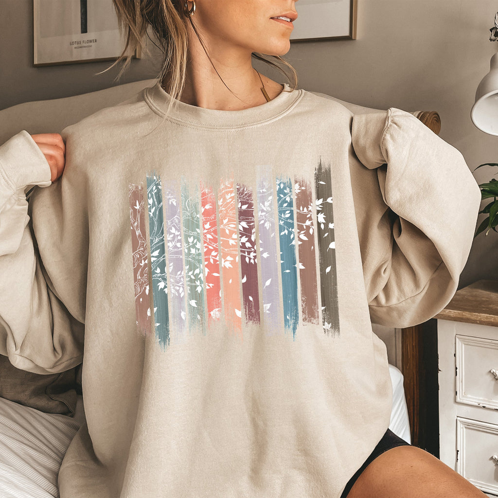 Falling Leaves, Botanical Stripes Autumn Nature-Inspired Print Cozy Fleece Sweatshirt