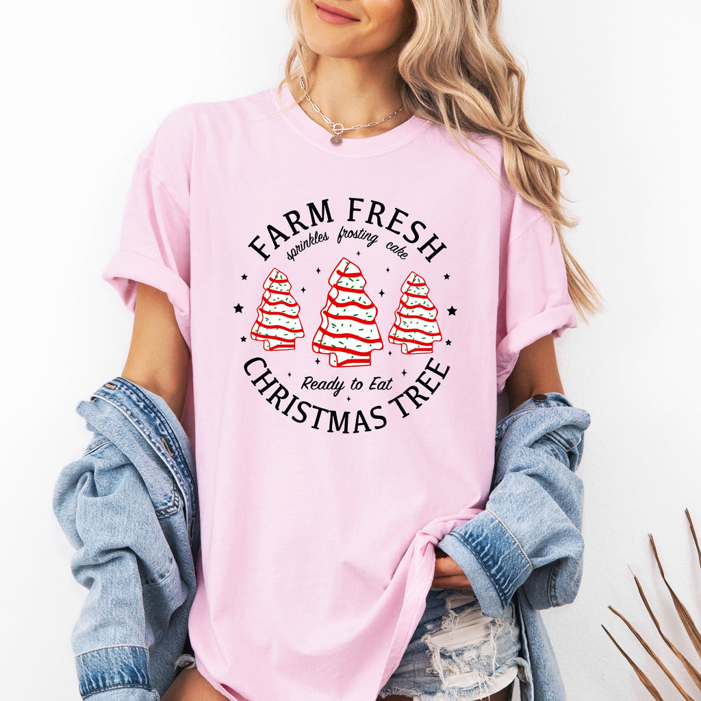 Farm Fresh Christmas Tree And Cake Winter Santa Xmas Scene With Festive Farmhouse Charm Comfort Colors Tee