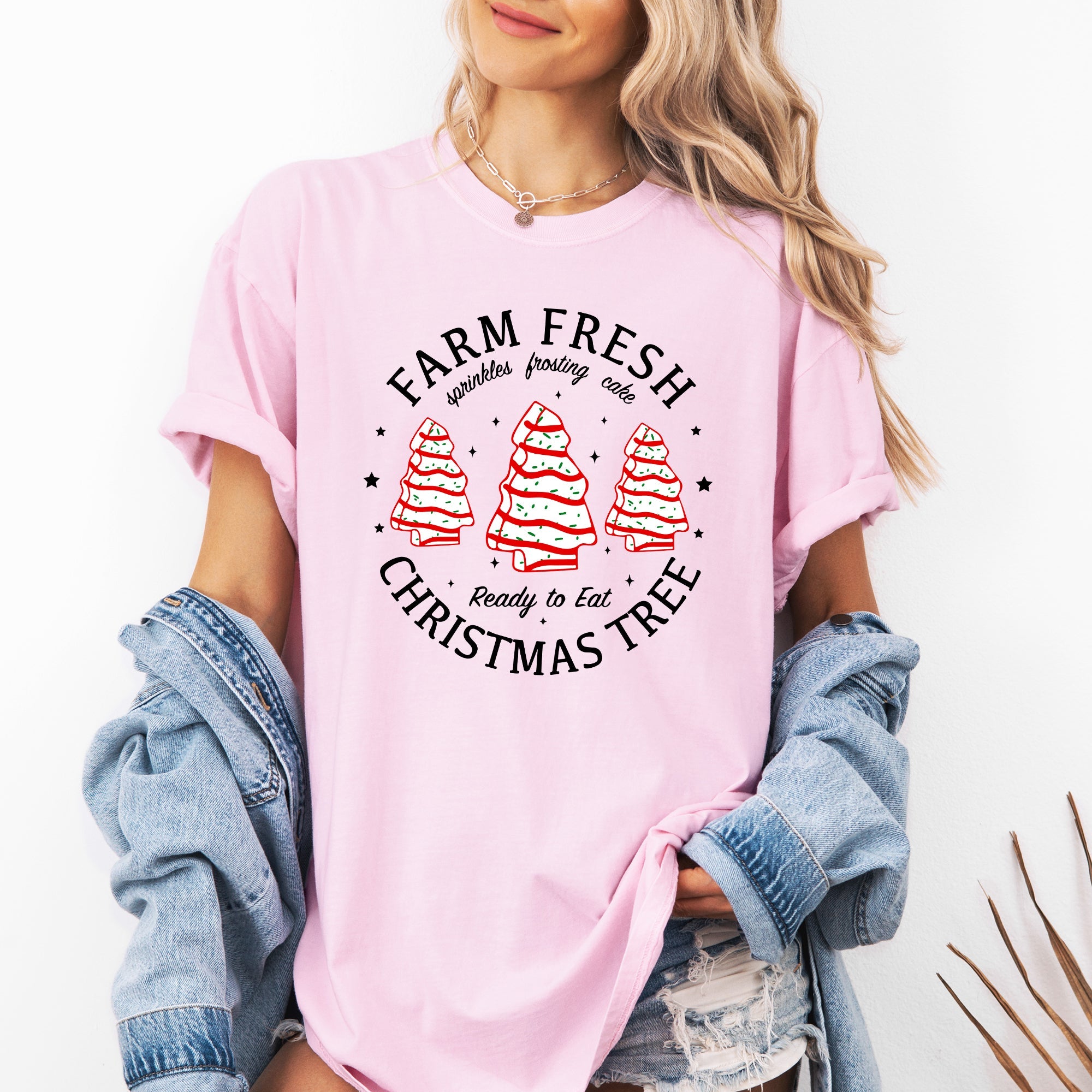 Farm Fresh Christmas Tree And Cake Winter Santa Xmas Scene With Festive Farmhouse Charm Comfort Colors Tee