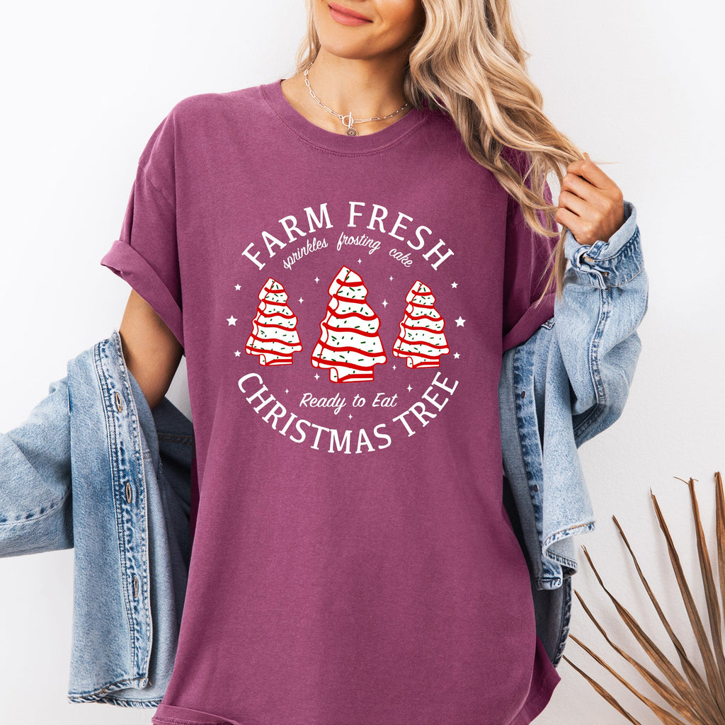 Farm Fresh Christmas Tree And Cake Winter Santa Xmas Scene With Festive Farmhouse Charm Comfort Colors Tee