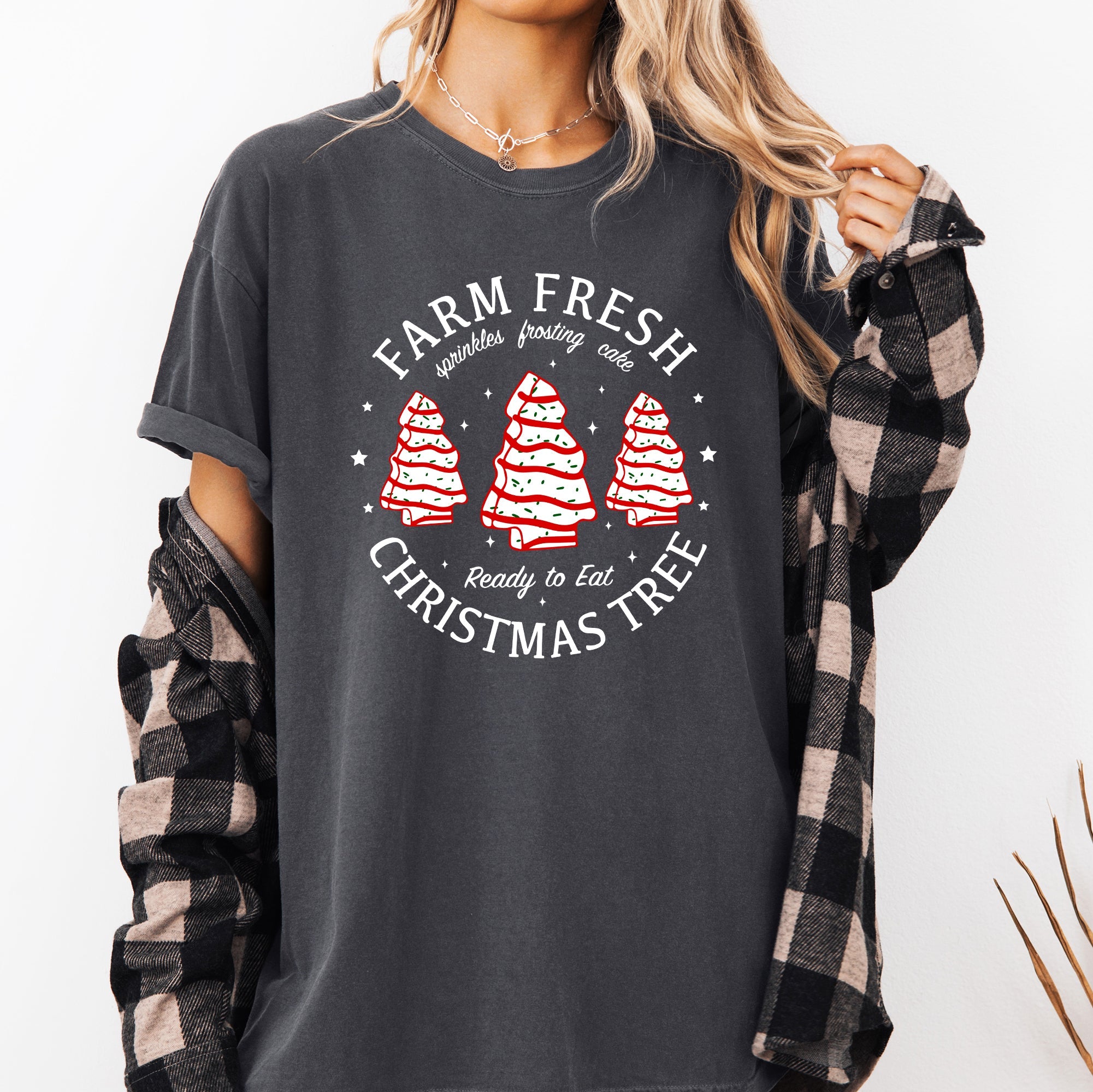 Farm Fresh Christmas Tree And Cake Winter Santa Xmas Scene With Festive Farmhouse Charm Comfort Colors Tee
