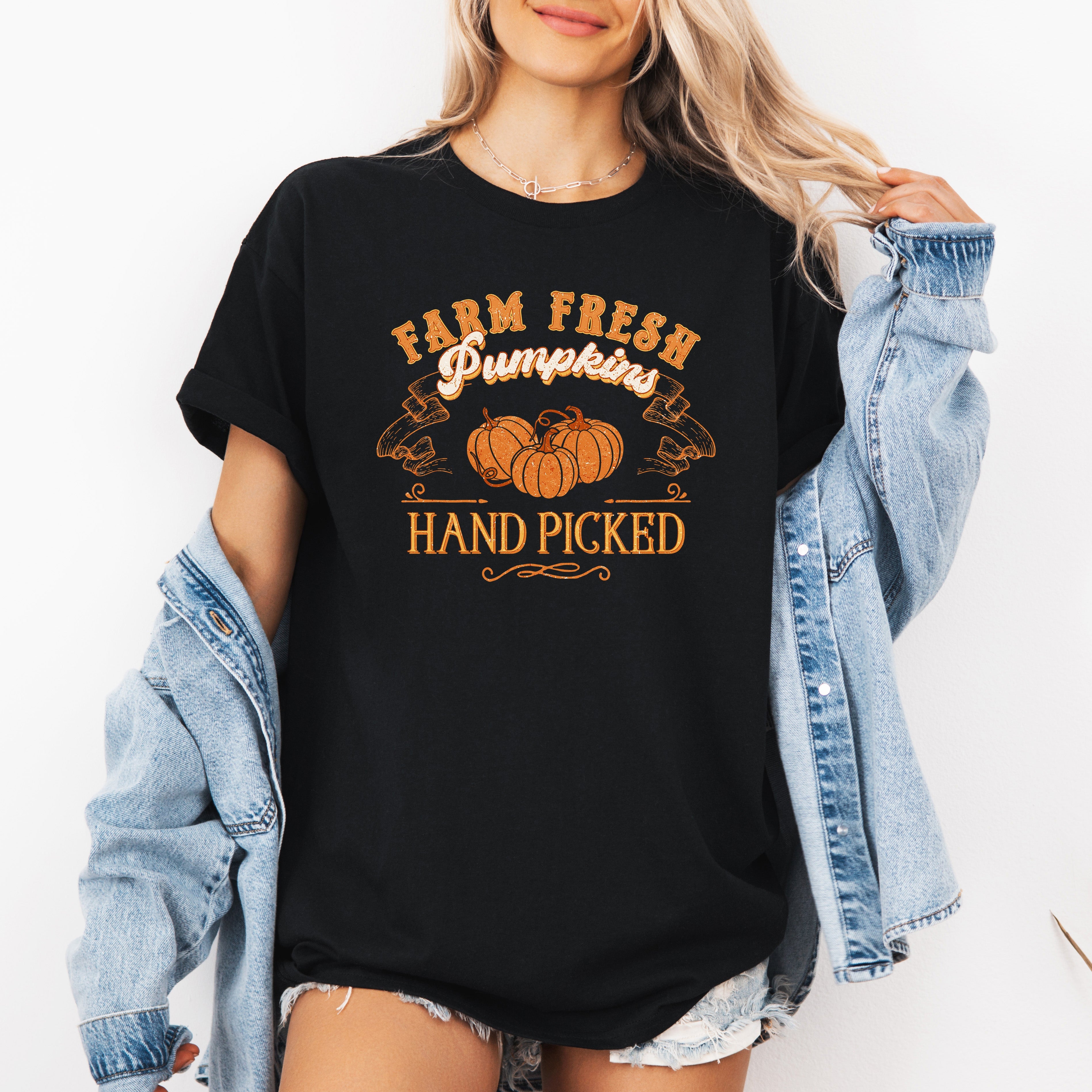 Farm Fresh Pumpkins Hand Picked Halloween Harvest Rustic Cozy Vintage Graphic Tee