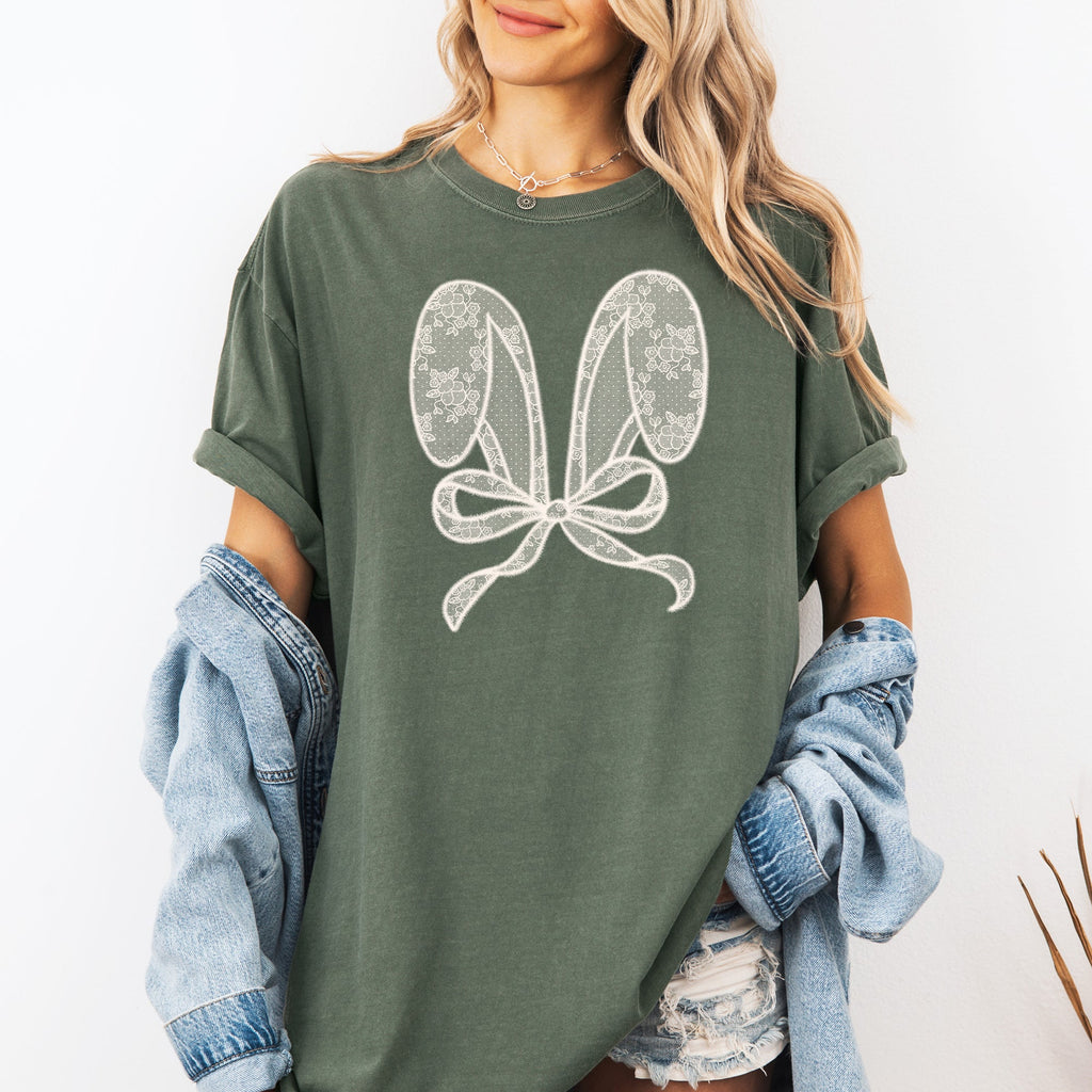 Faux Lace Bunny Ears Coquette Easter Bunny Jesus Rabbit Holiday Comfort Colors Tee