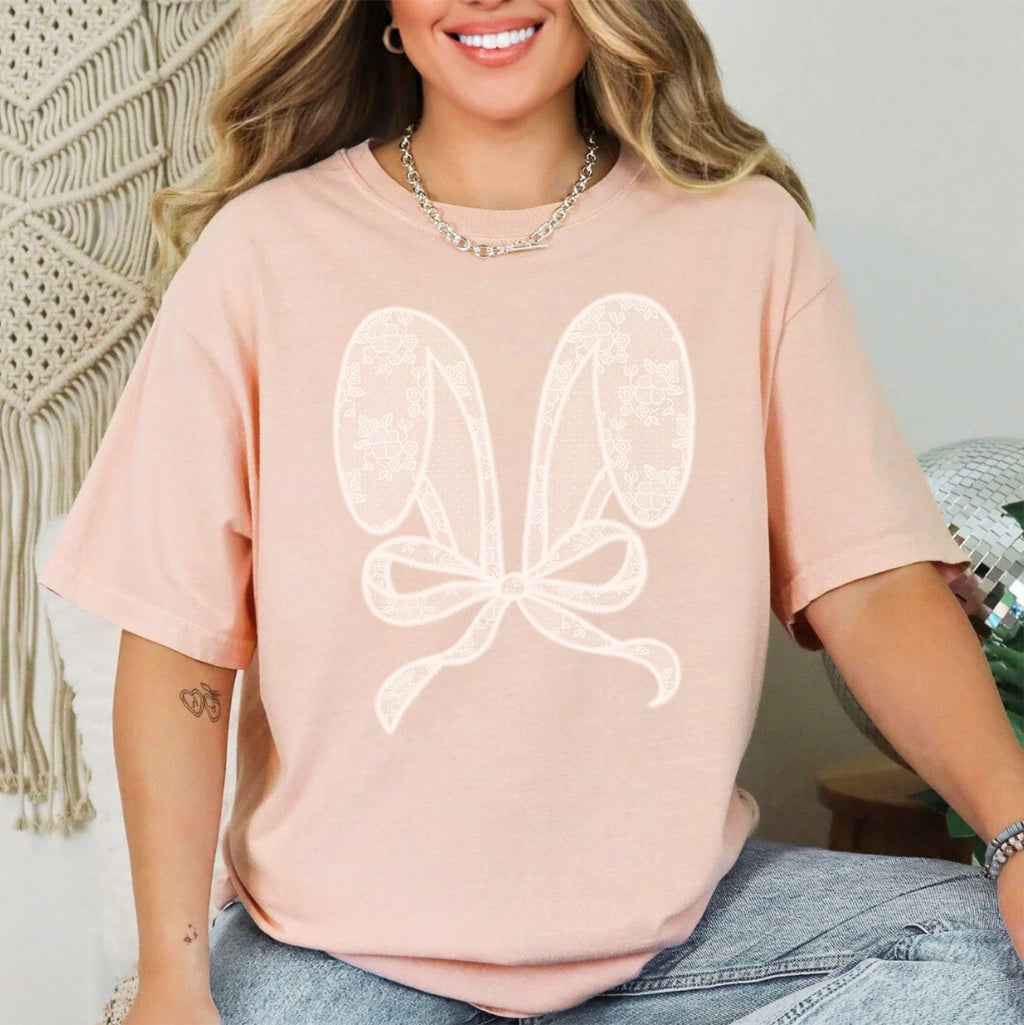 Faux Lace Bunny Ears Coquette Easter Bunny Jesus Rabbit Holiday Comfort Colors Tee