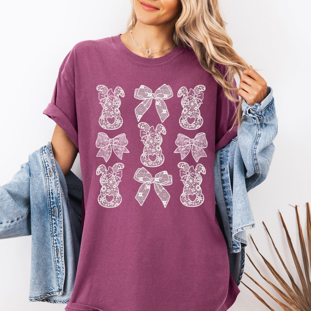 Faux Lace Bunny Coquette Bow Ribbons Easter Jesus Rabbit Holiday Theme Comfort Colors Tee