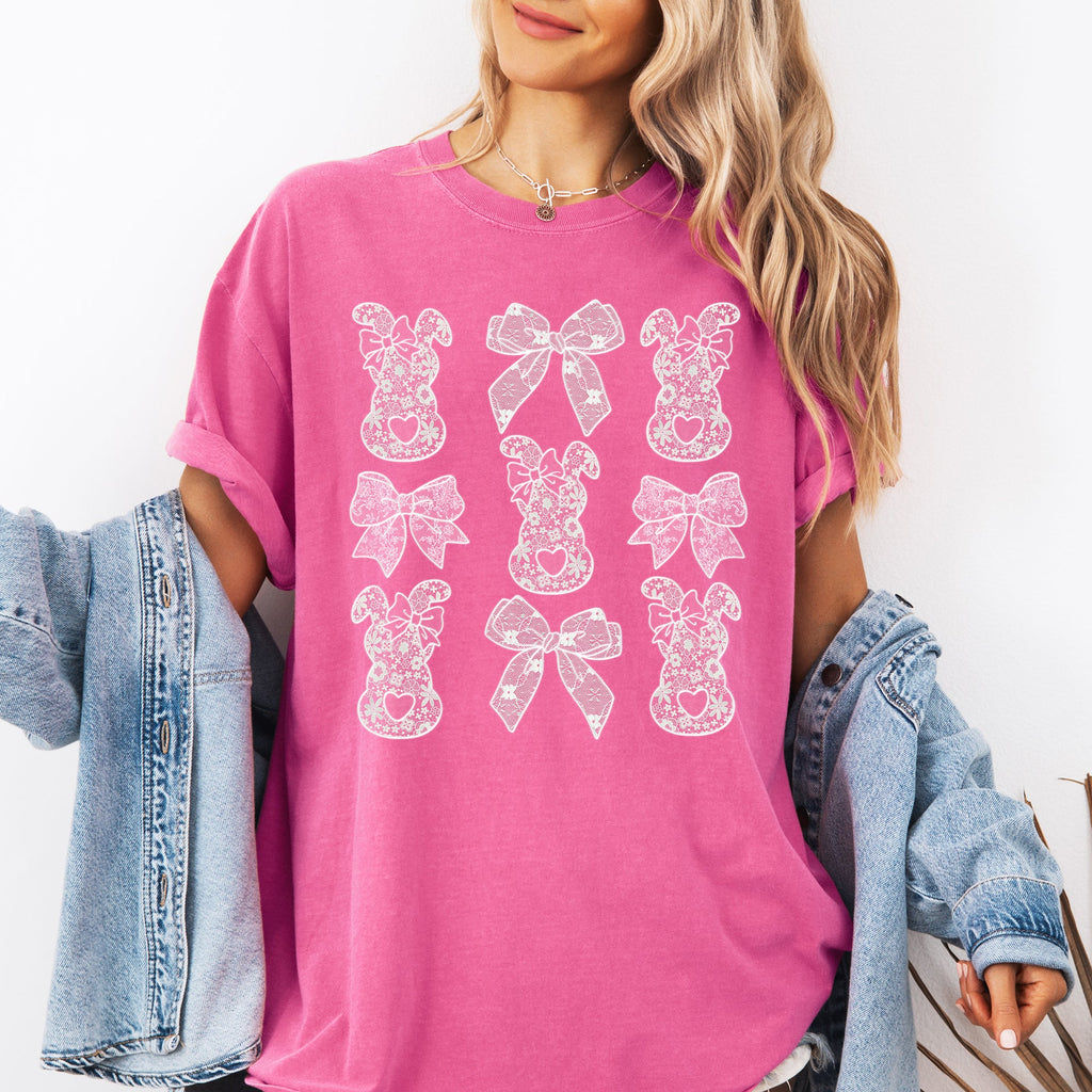 Faux Lace Bunny Coquette Bow Ribbons Easter Jesus Rabbit Holiday Theme Comfort Colors Tee