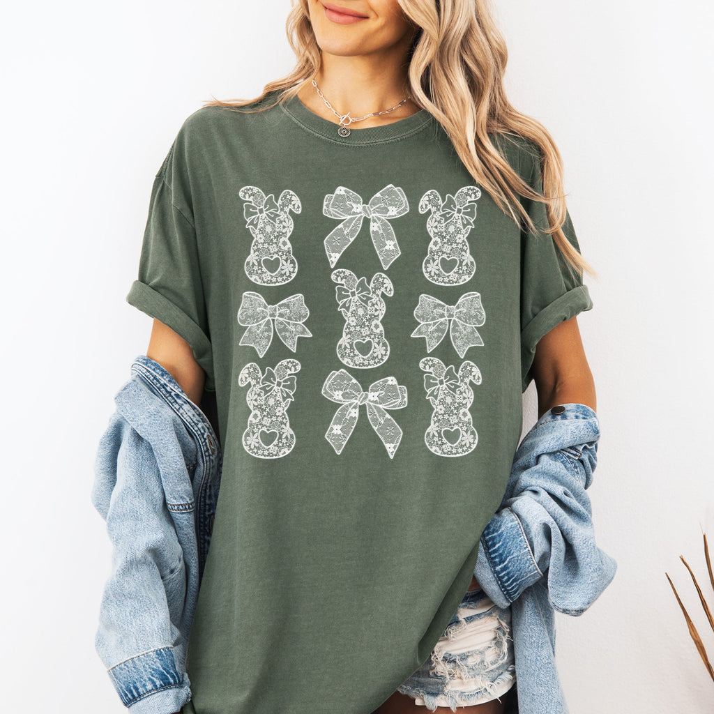Faux Lace Bunny Coquette Bow Ribbons Easter Jesus Rabbit Holiday Theme Comfort Colors Tee