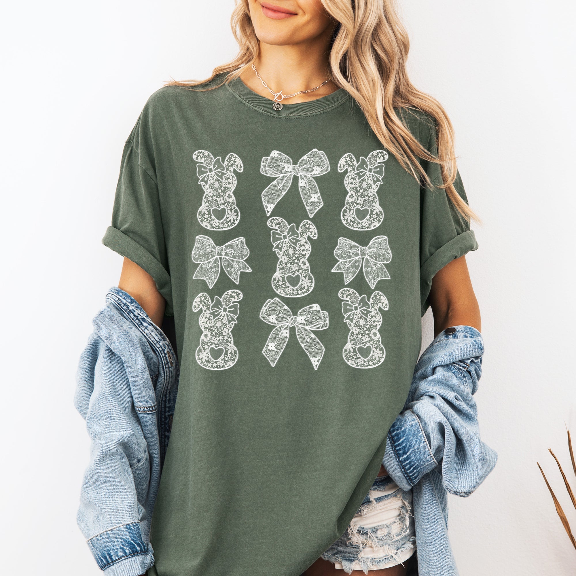 Faux Lace Bunny Coquette Bow Ribbons Easter Jesus Rabbit Holiday Theme Comfort Colors Tee