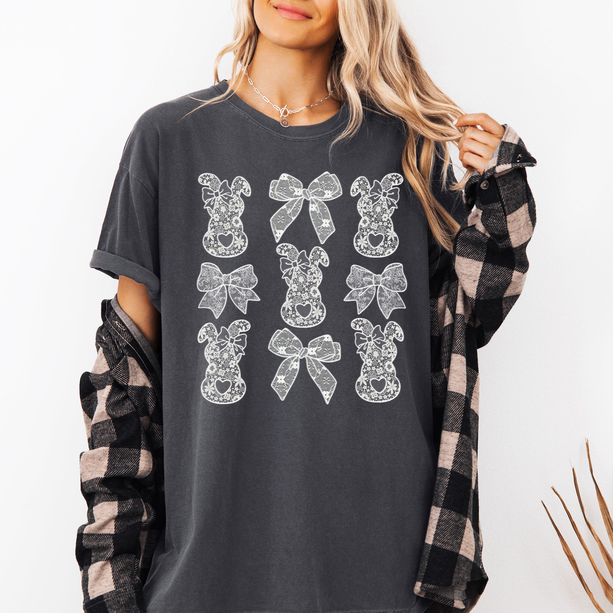 Faux Lace Bunny Coquette Bow Ribbons Easter Jesus Rabbit Holiday Theme Comfort Colors Tee