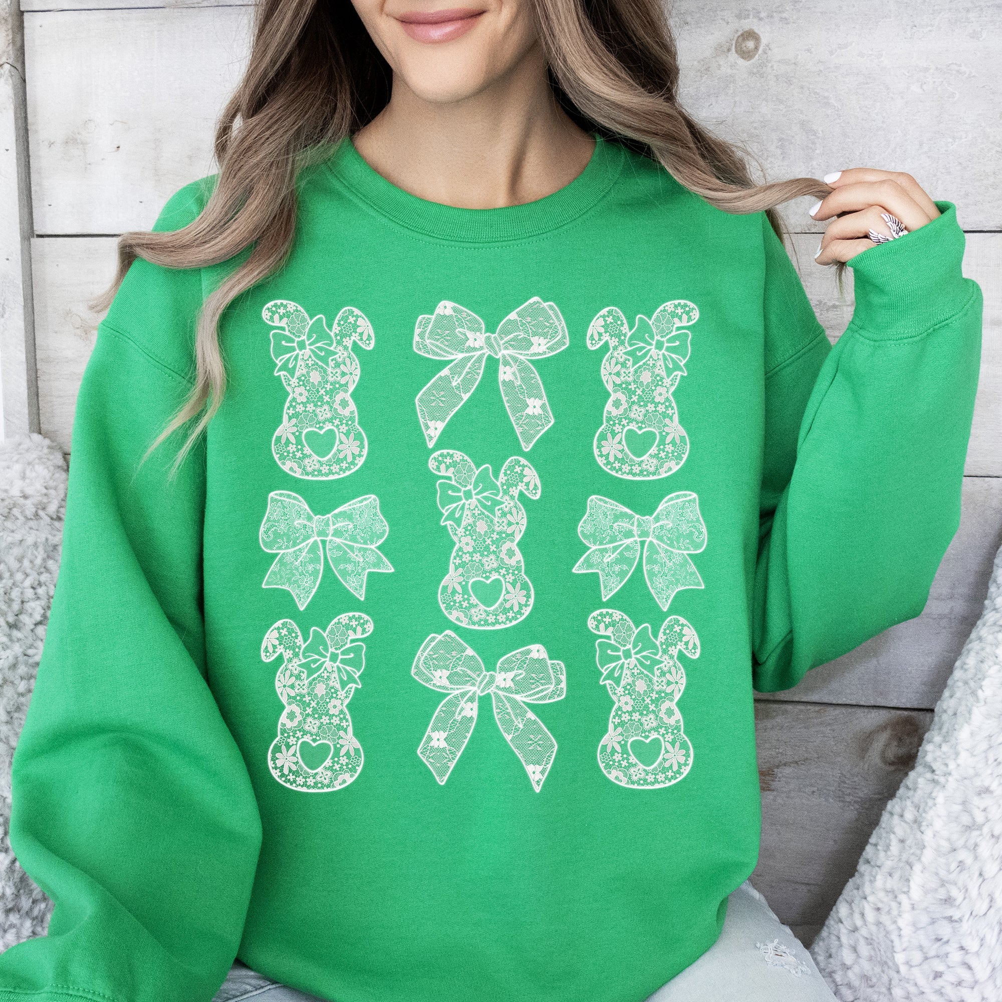 Faux Lace Bunny Coquette Bow Ribbons Easter Bunny Jesus Rabbit Holiday Seasonal Cheer Sweatshirt