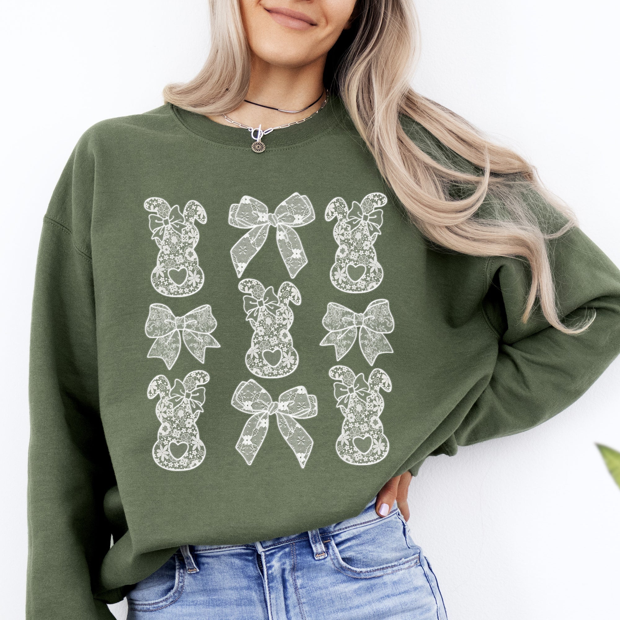 Faux Lace Bunny Coquette Bow Ribbons Easter Bunny Jesus Rabbit Holiday Seasonal Cheer Sweatshirt