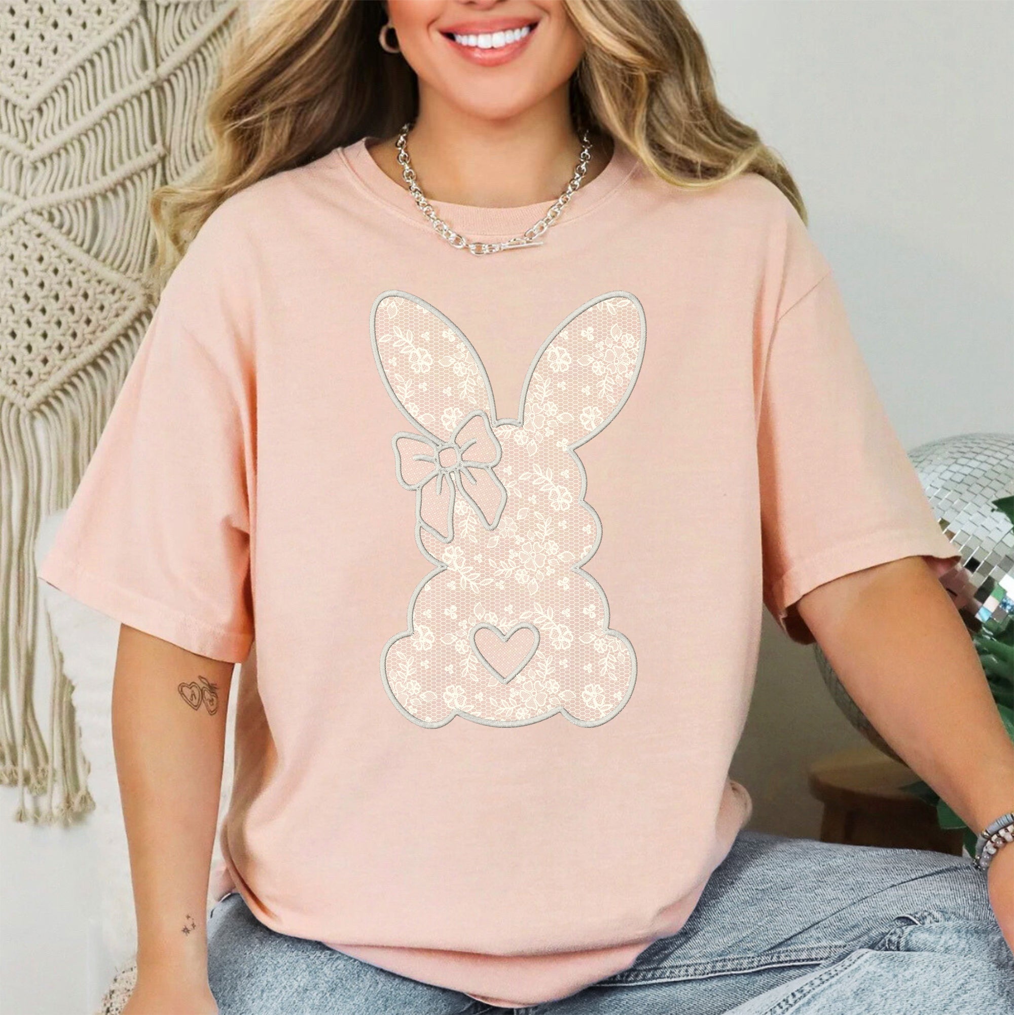 Faux Lace Bunny Coquette Easter Jesus Rabbit Holiday Illustration Comfort Colors Tee