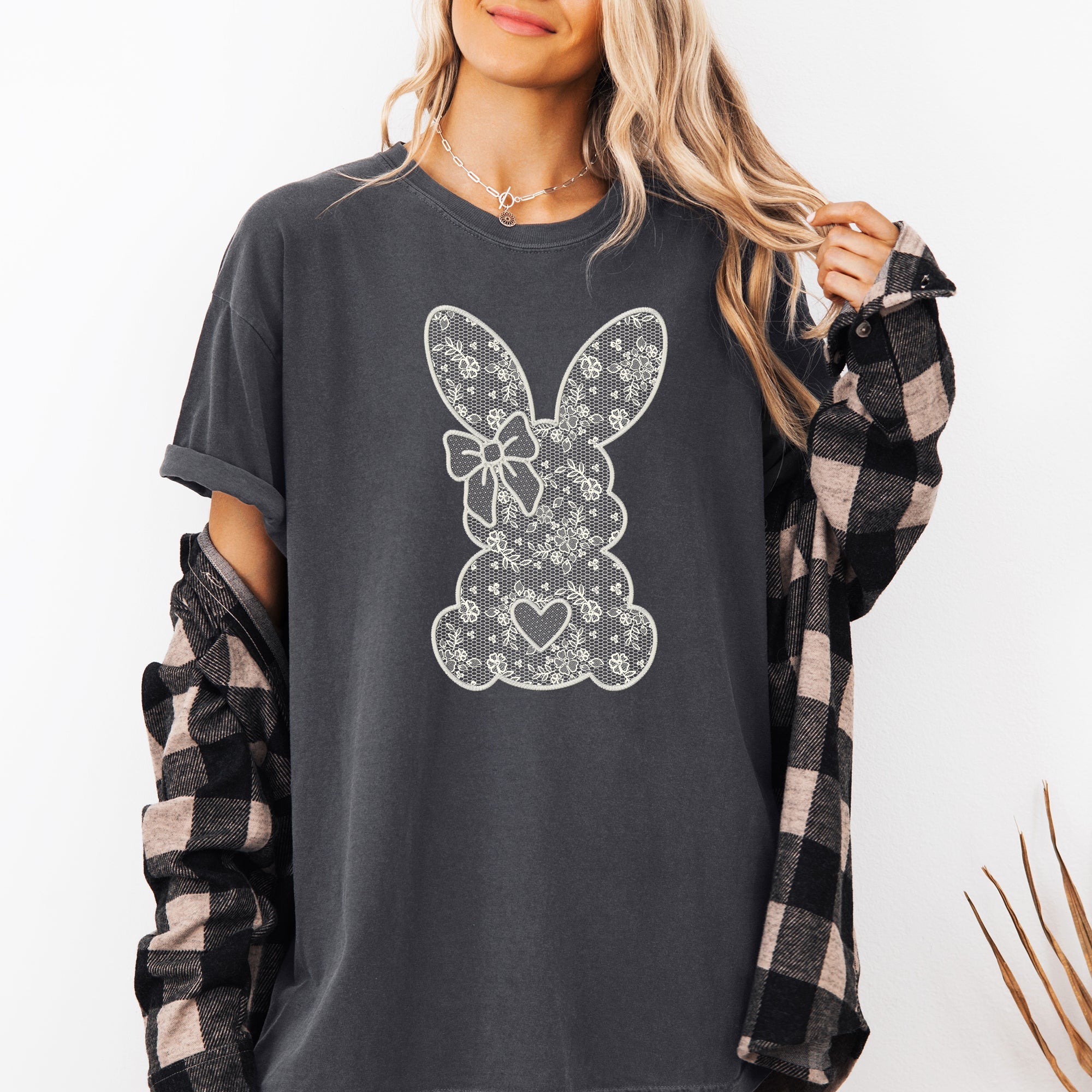 Faux Lace Bunny Coquette Easter Jesus Rabbit Holiday Illustration Comfort Colors Tee